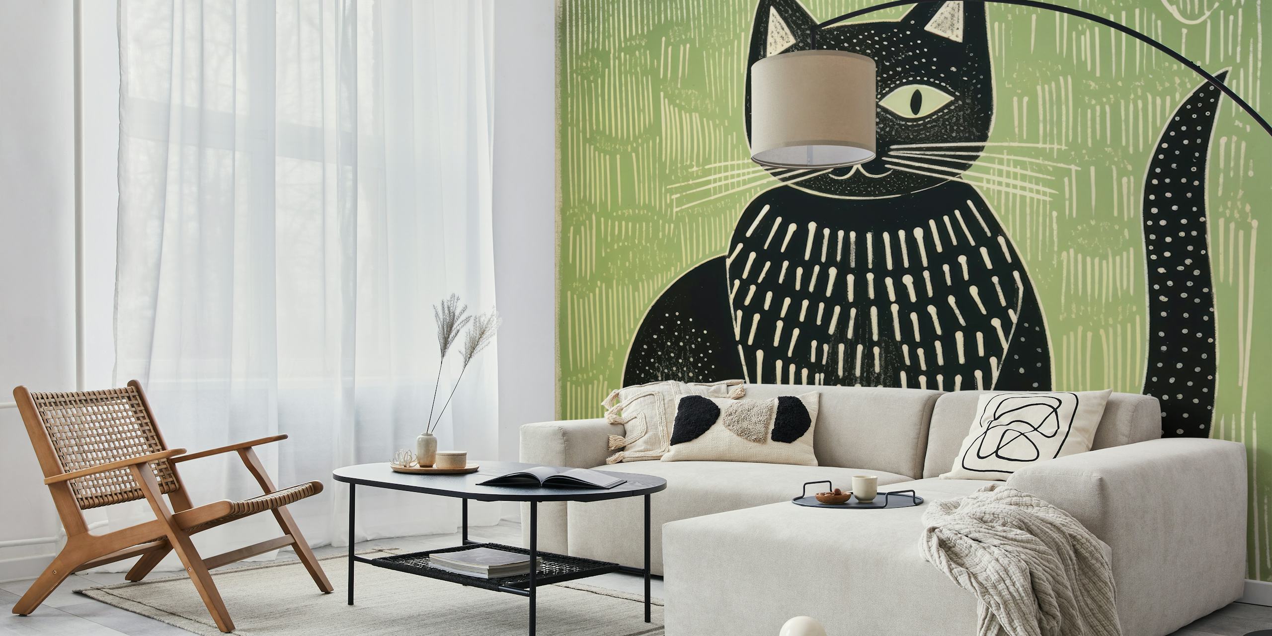 Black cat illustration on green background wallpaper
