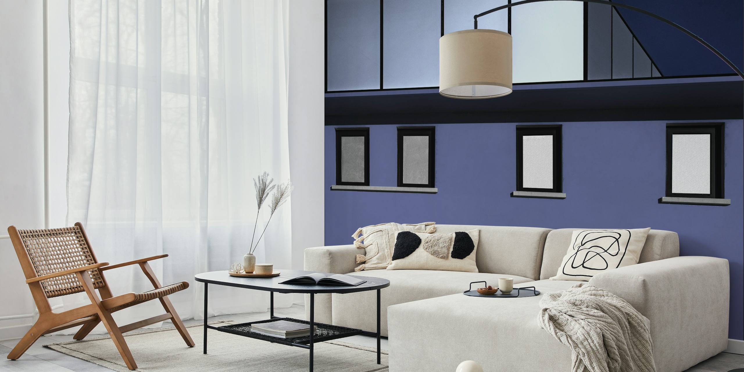 Minimalistisch architectonisch fotobehang in blauwtinten met ramen