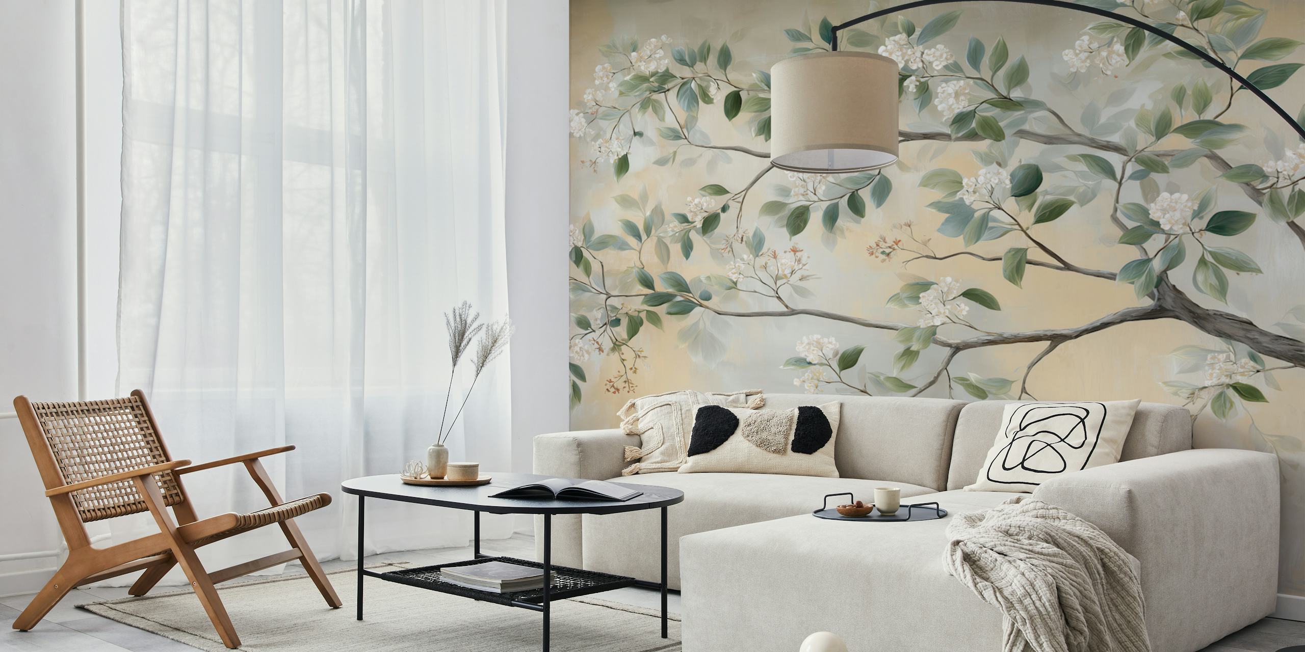Floral branch design with green leaves and white flowers wallpaper