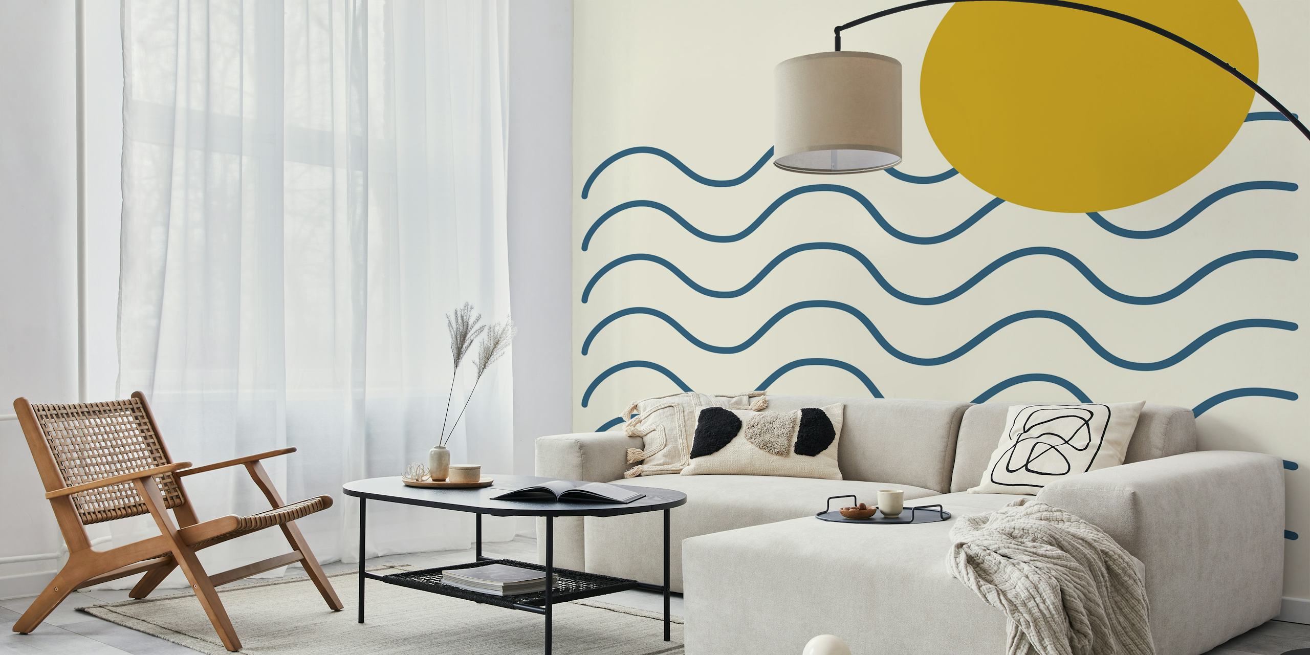 Tapeta Minimalist Coastal Sun and Waves w pokoju