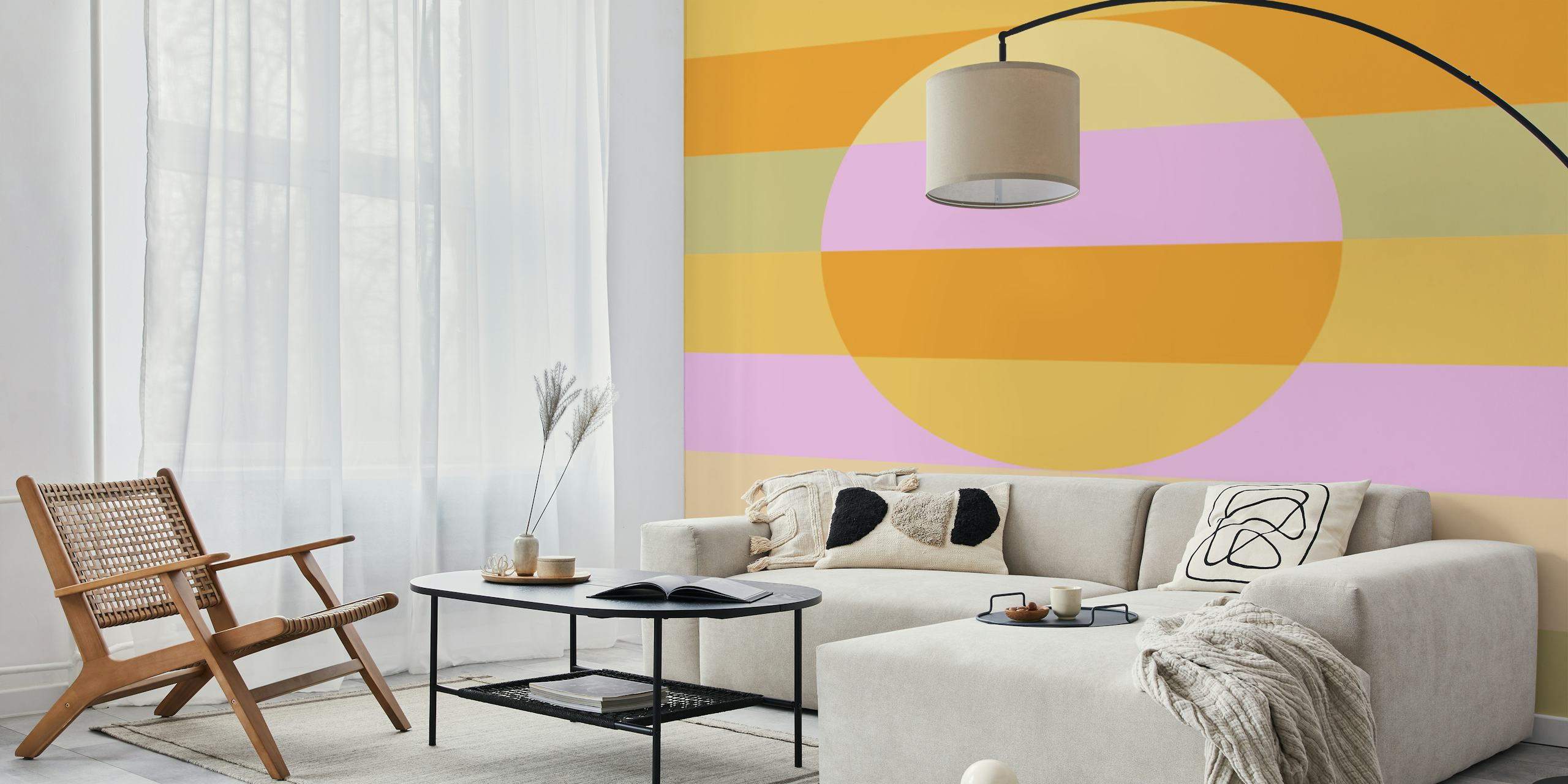Pastel rainbow striped wallpaper featuring a large central sun in soft pink, orange, and green colors