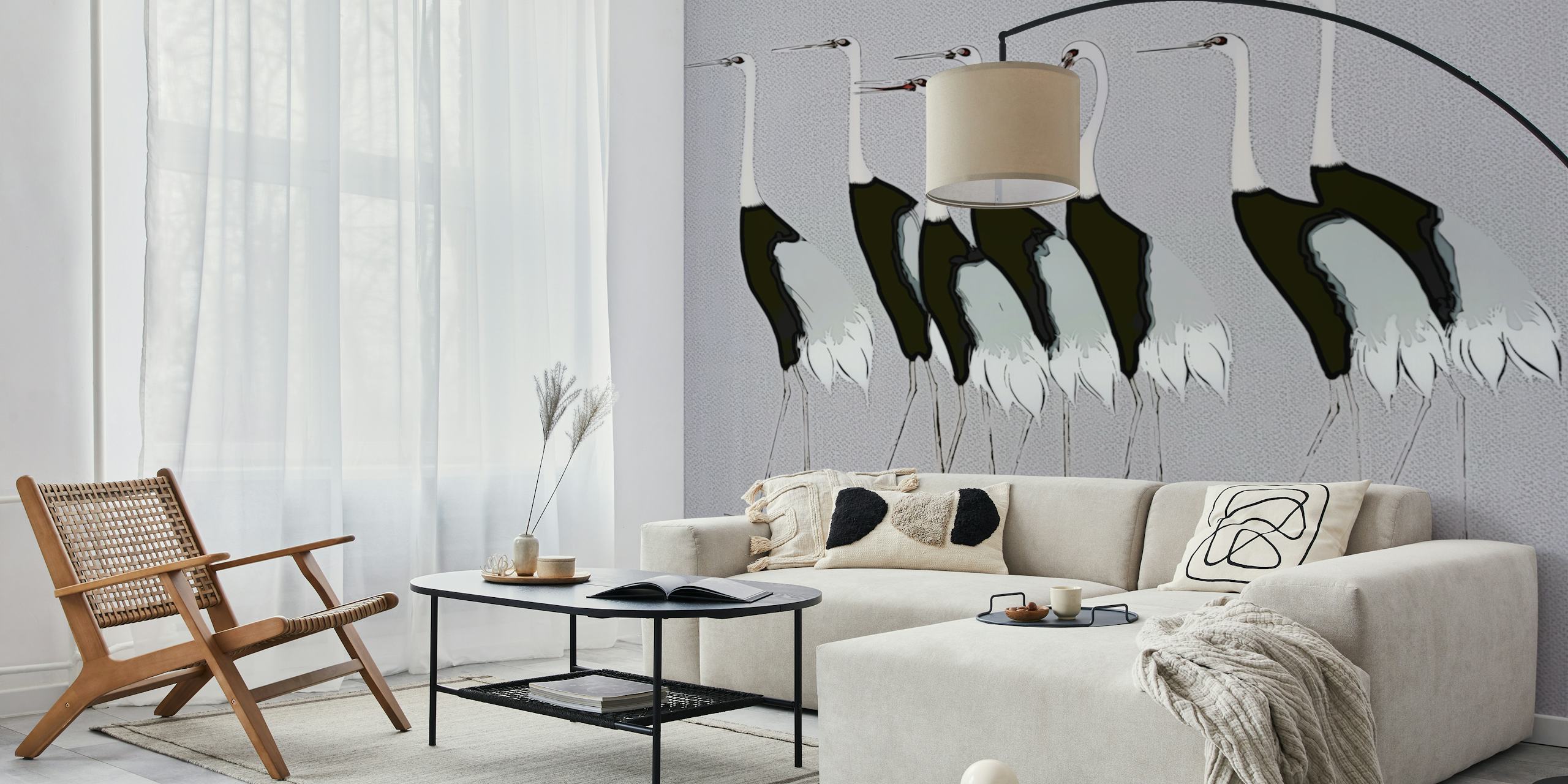 Cranes in black and white design on light grey wallpaper