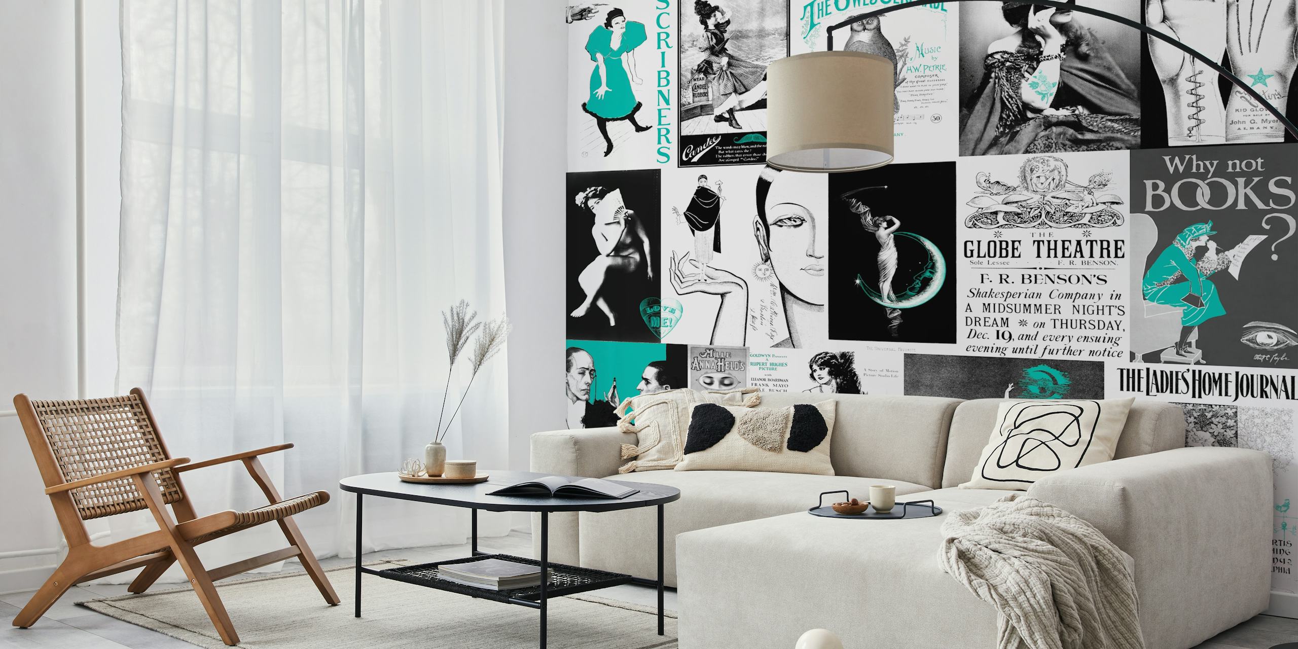 Vintage art collage in turquoise and black wallpaper