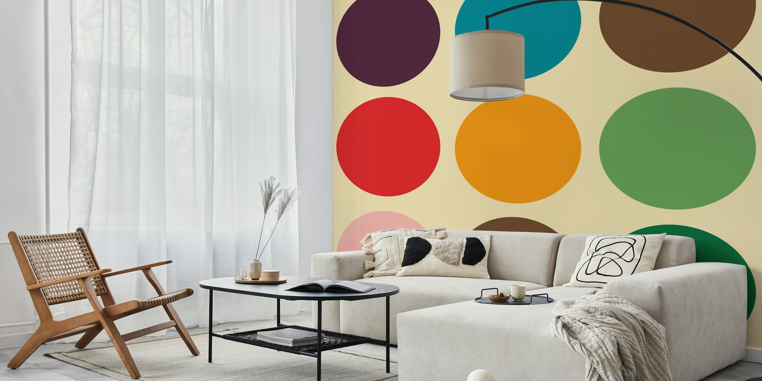 Colorful polka dots in various shapes on a light background wallpaper