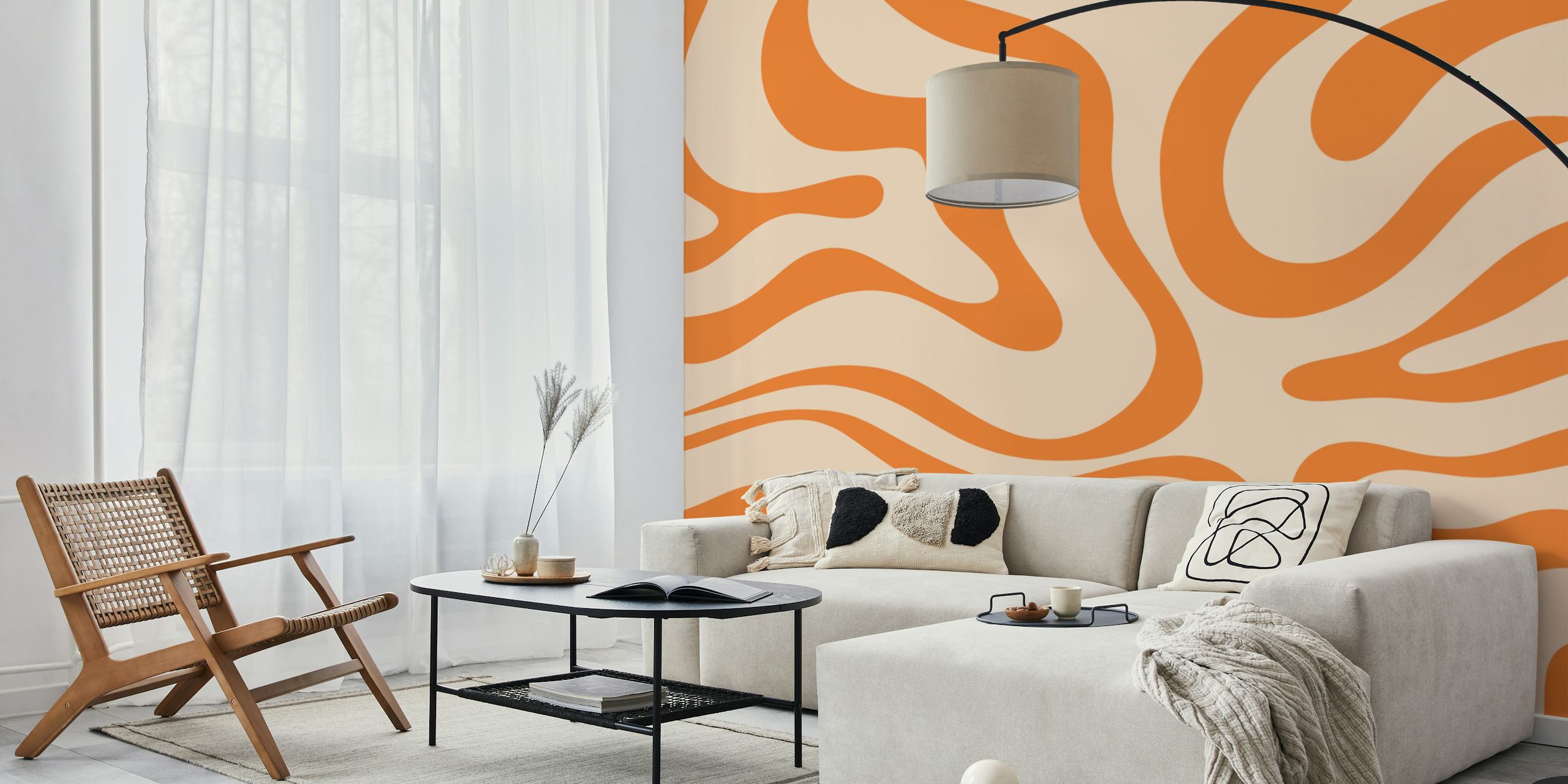 Abstract wavy orange lines on beige background wallpaper