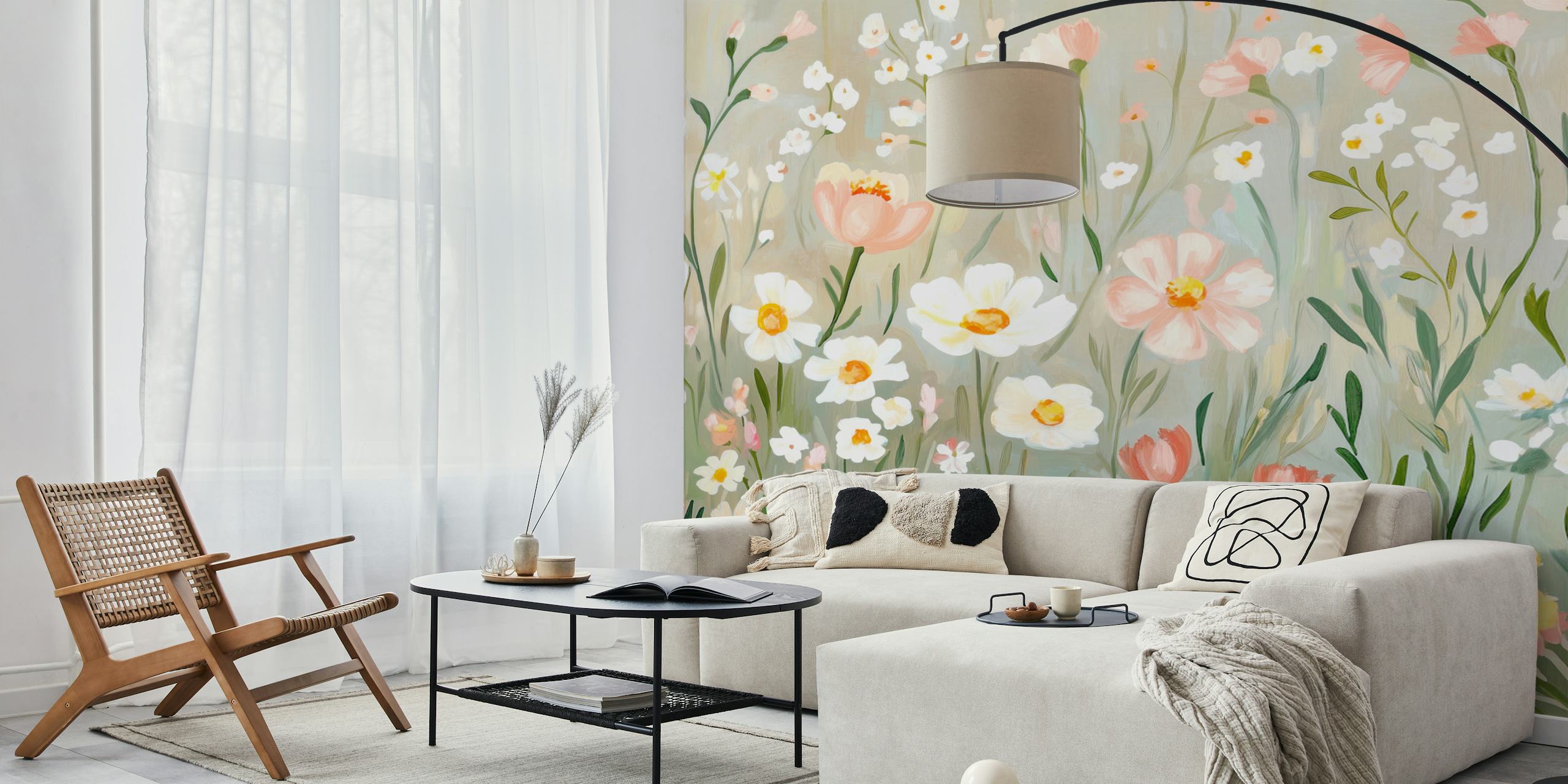Papel pintado Pastel Spring Meadow Blossoms en una habitación