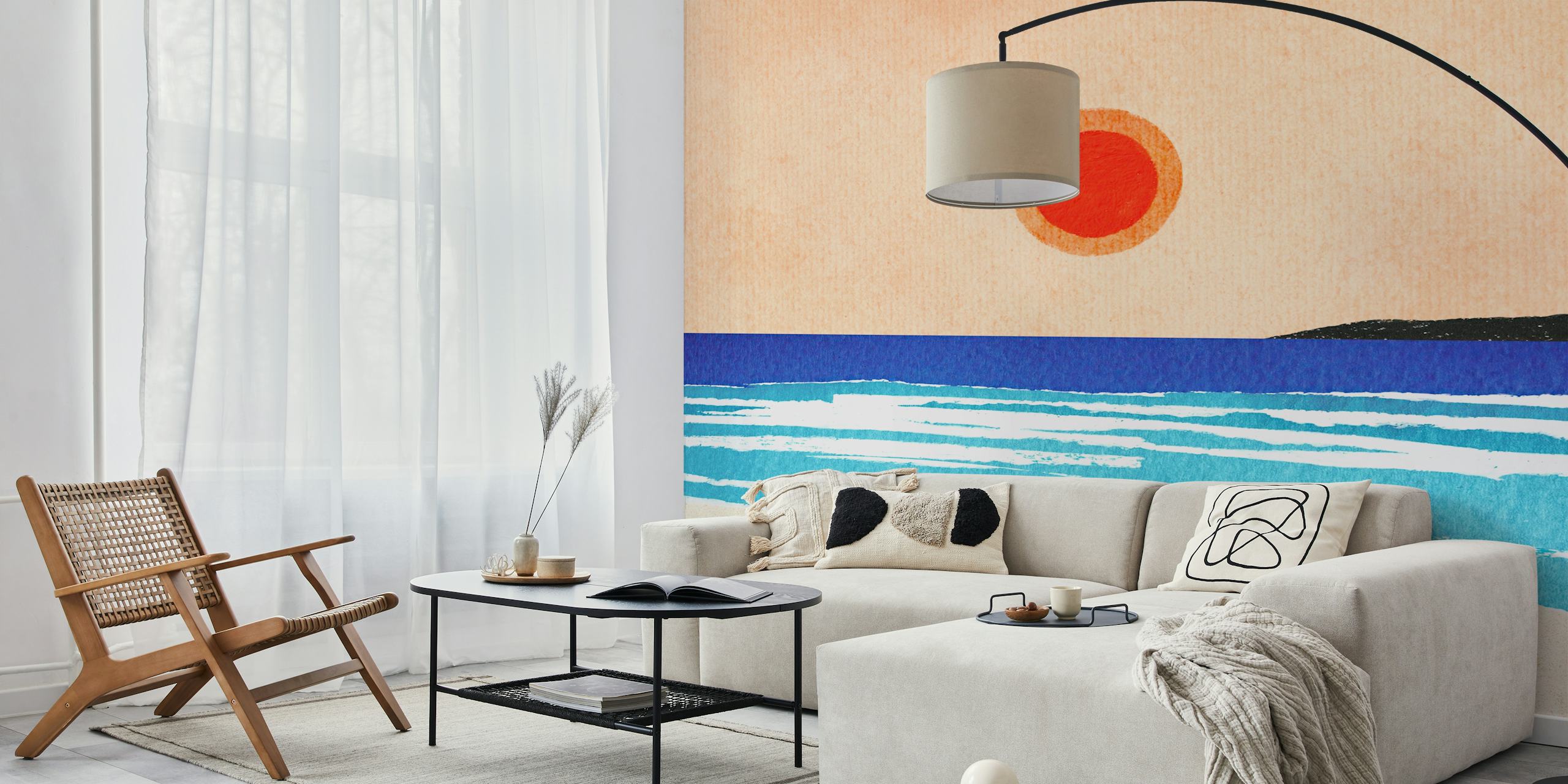 Minimalist ocean sunset wallpaper with orange sun and blue waves