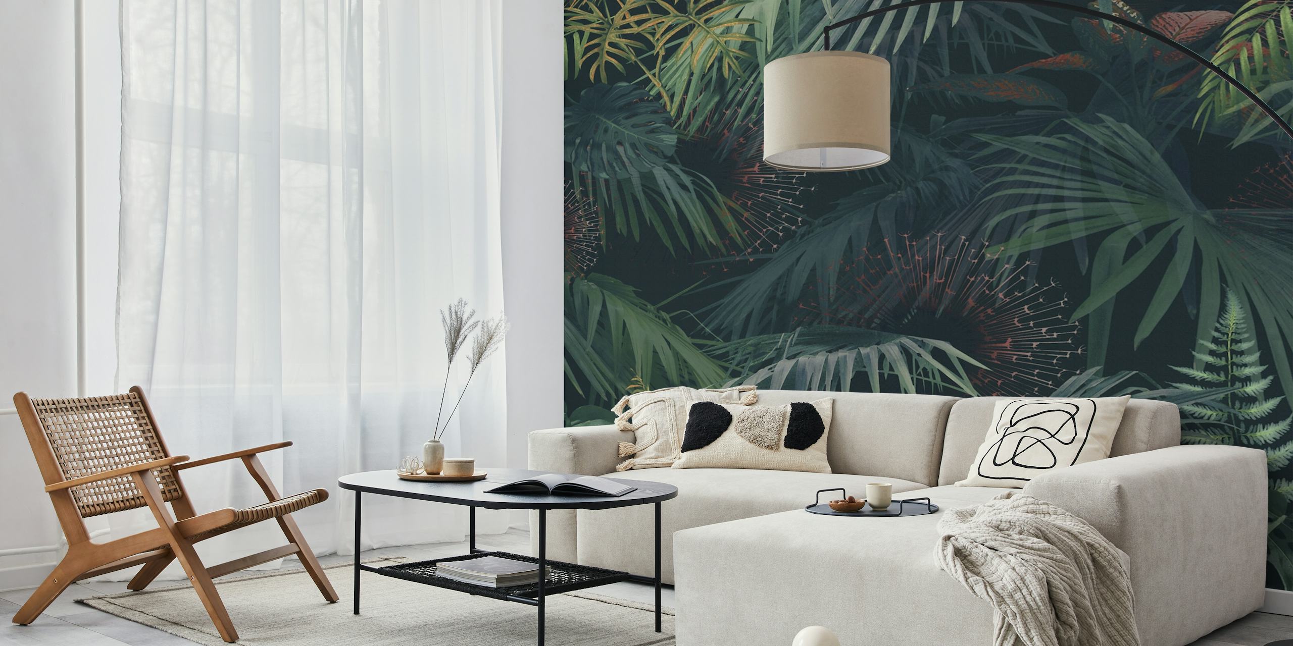 Tropical leafy plants in dark green and botanical wallpaper