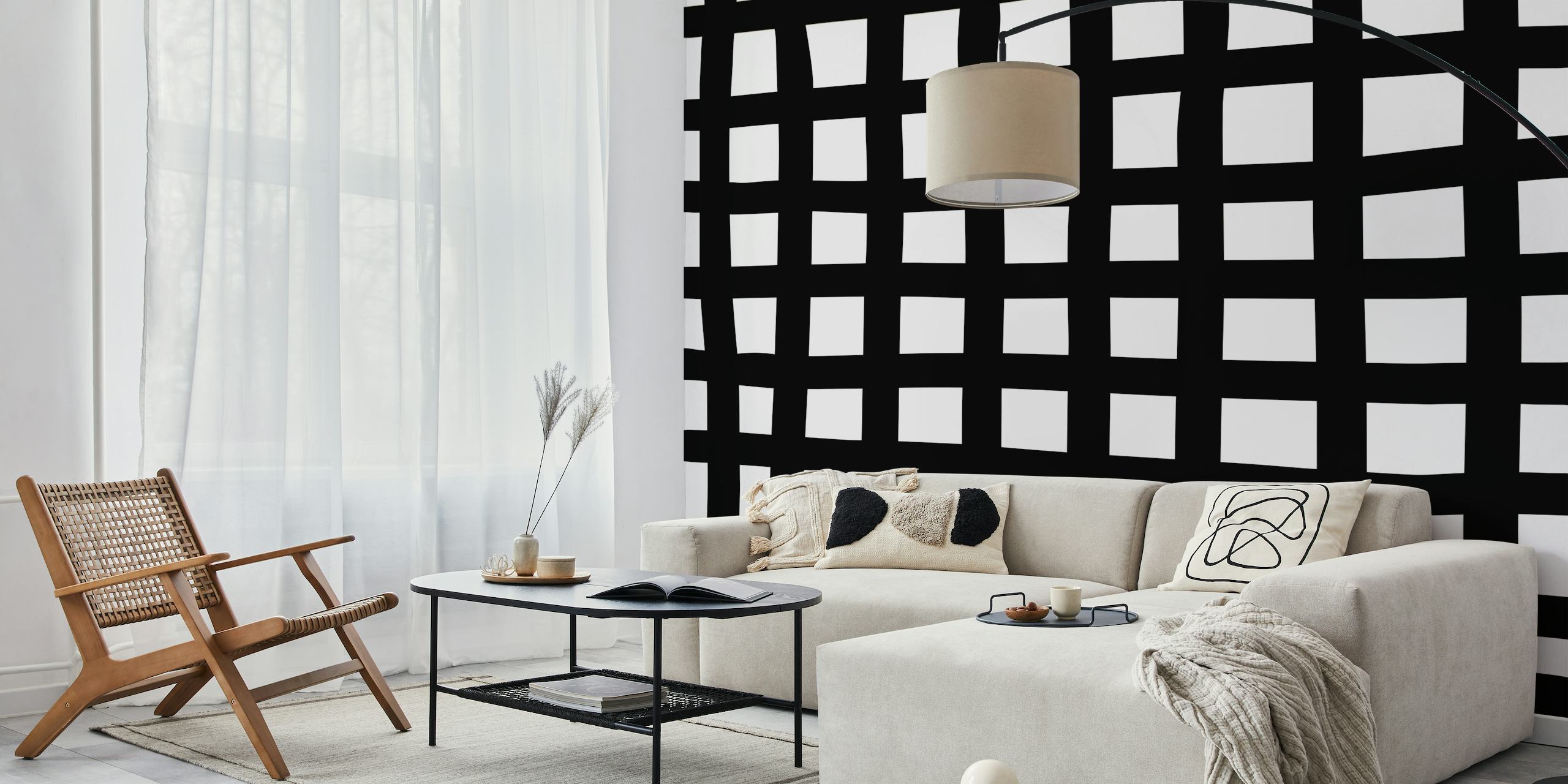 fotomural vinílico de parede com padrão xadrez preto e branco instável