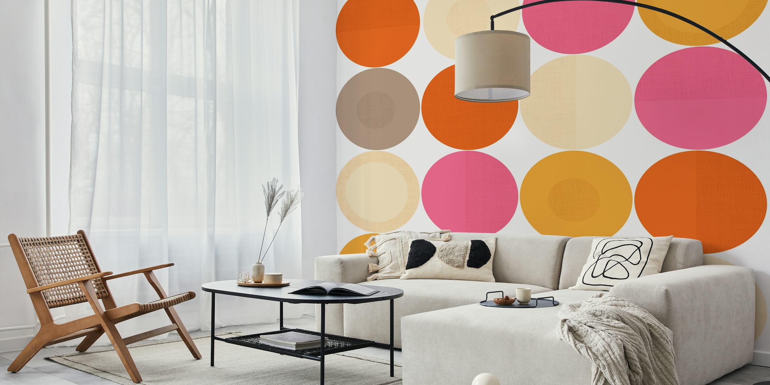 Colorful circular pattern in orange, pink, yellow, and beige wallpaper