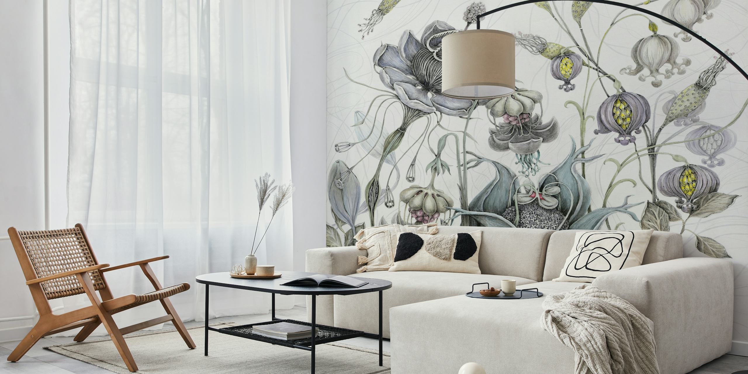 Intricate gray and white floral pattern wallpaper