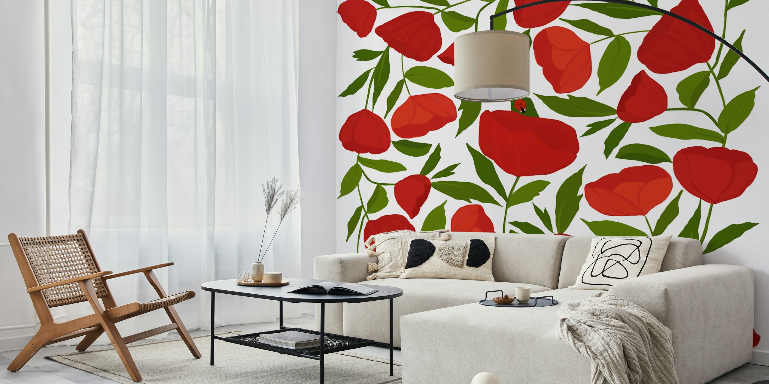 Red poppy flowers with green leaves wallpaper