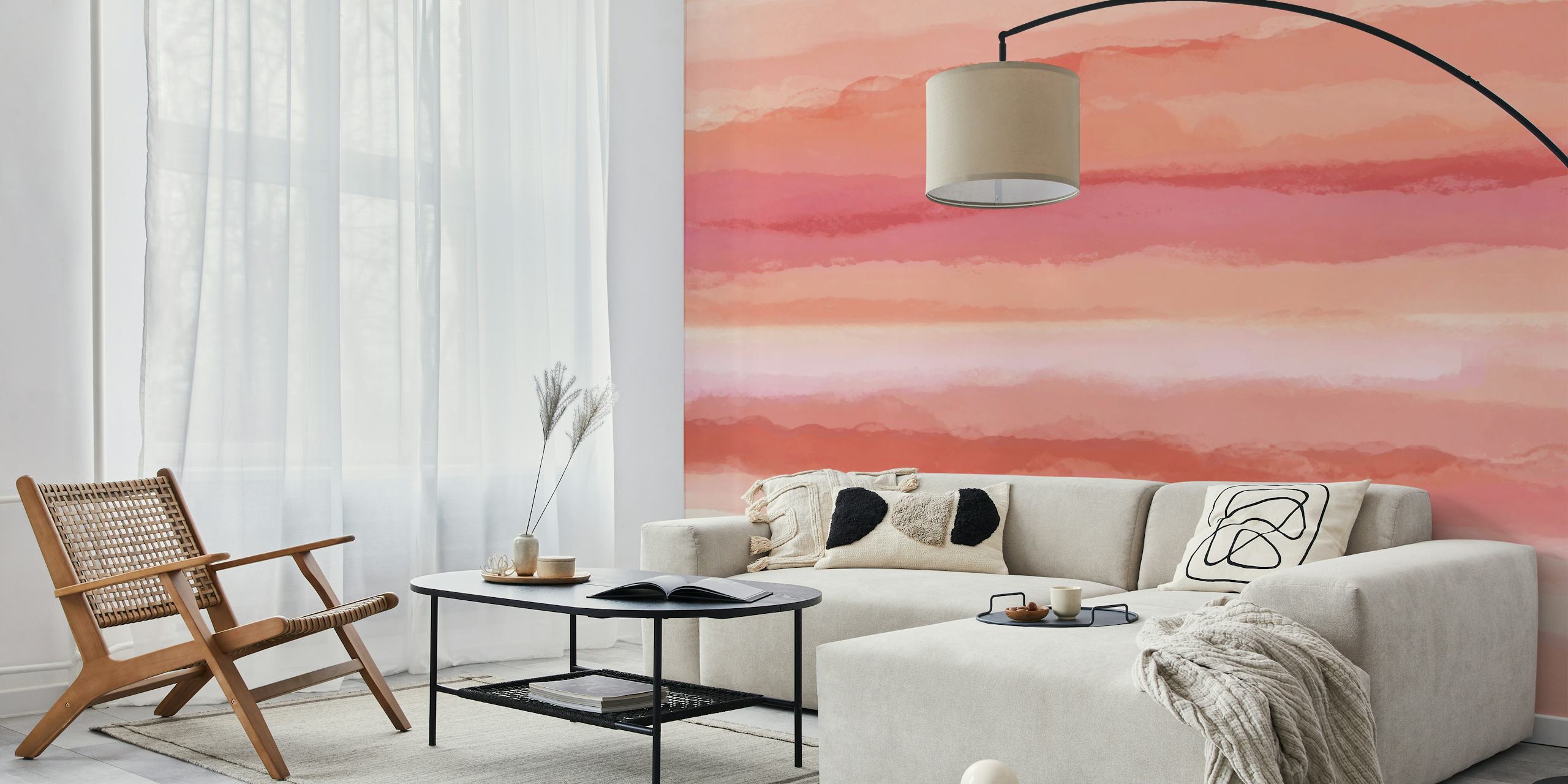 Coral and pink striped wallpaper in minimalist style