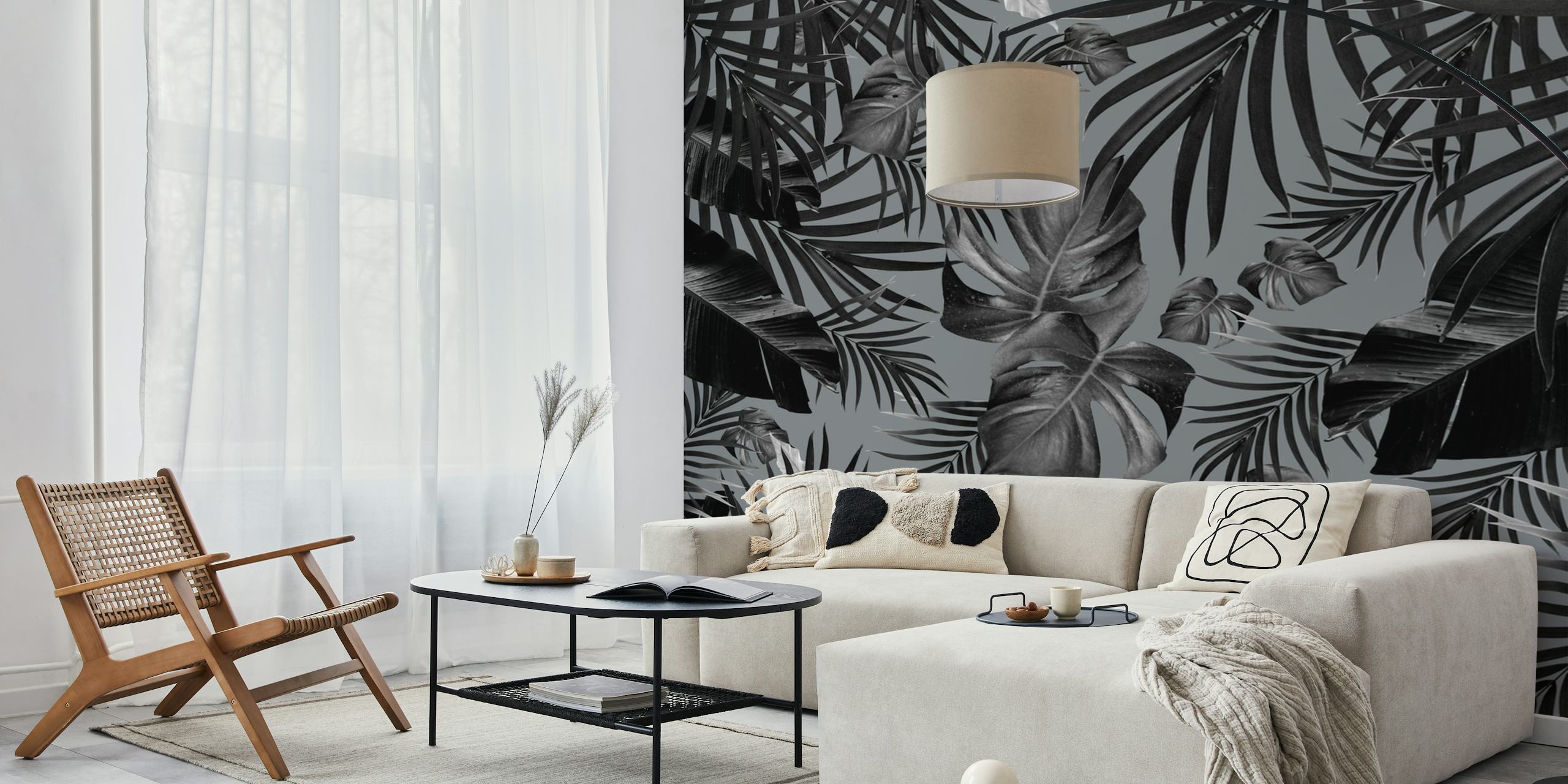 Monochrome tropical leaf pattern wall mural for interior decor