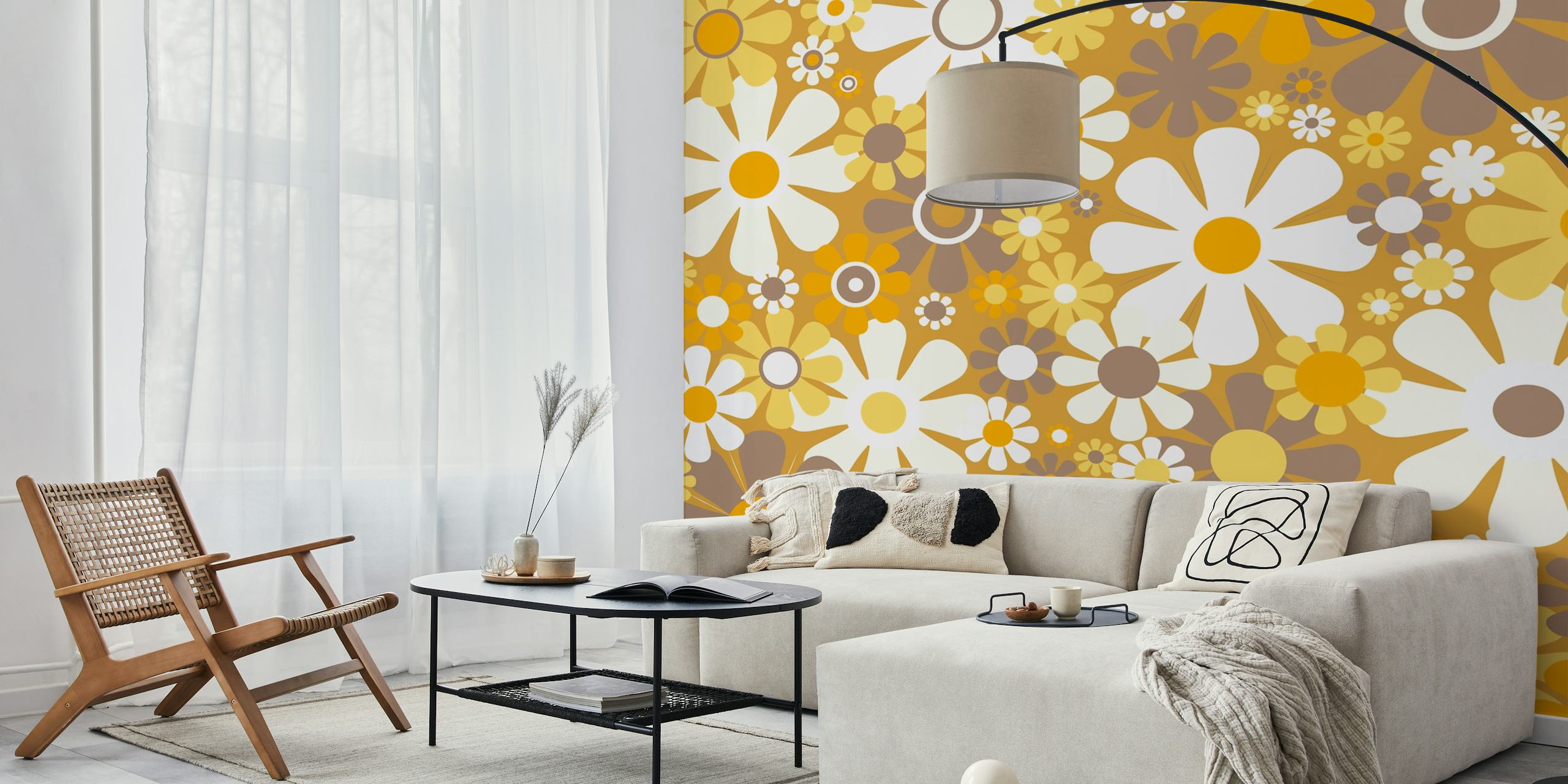 Design de papel de parede Groovy Retro Garden 70s Floral Pattern Ochre