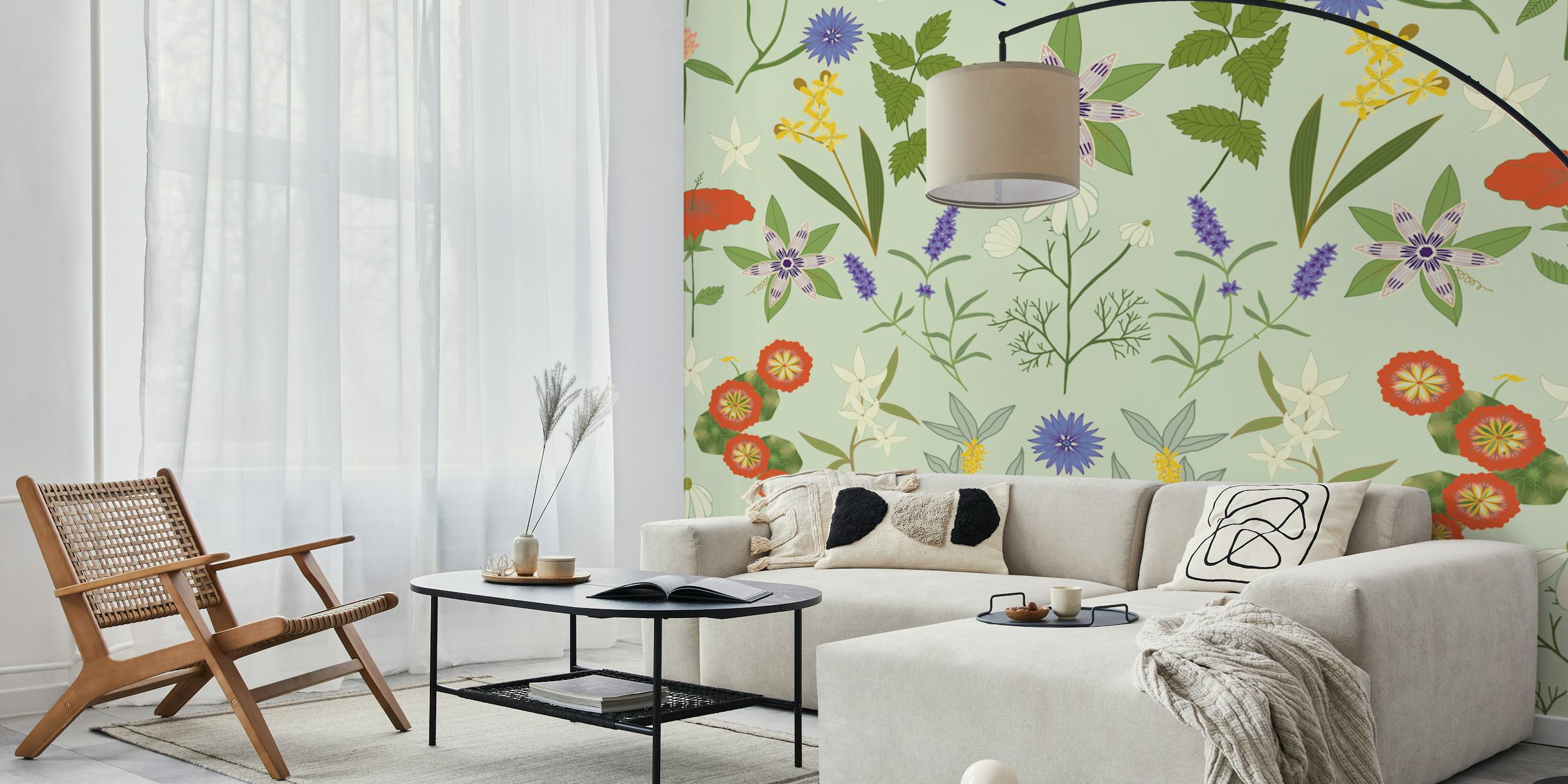 Colorful floral patterns on soft green background wallpaper