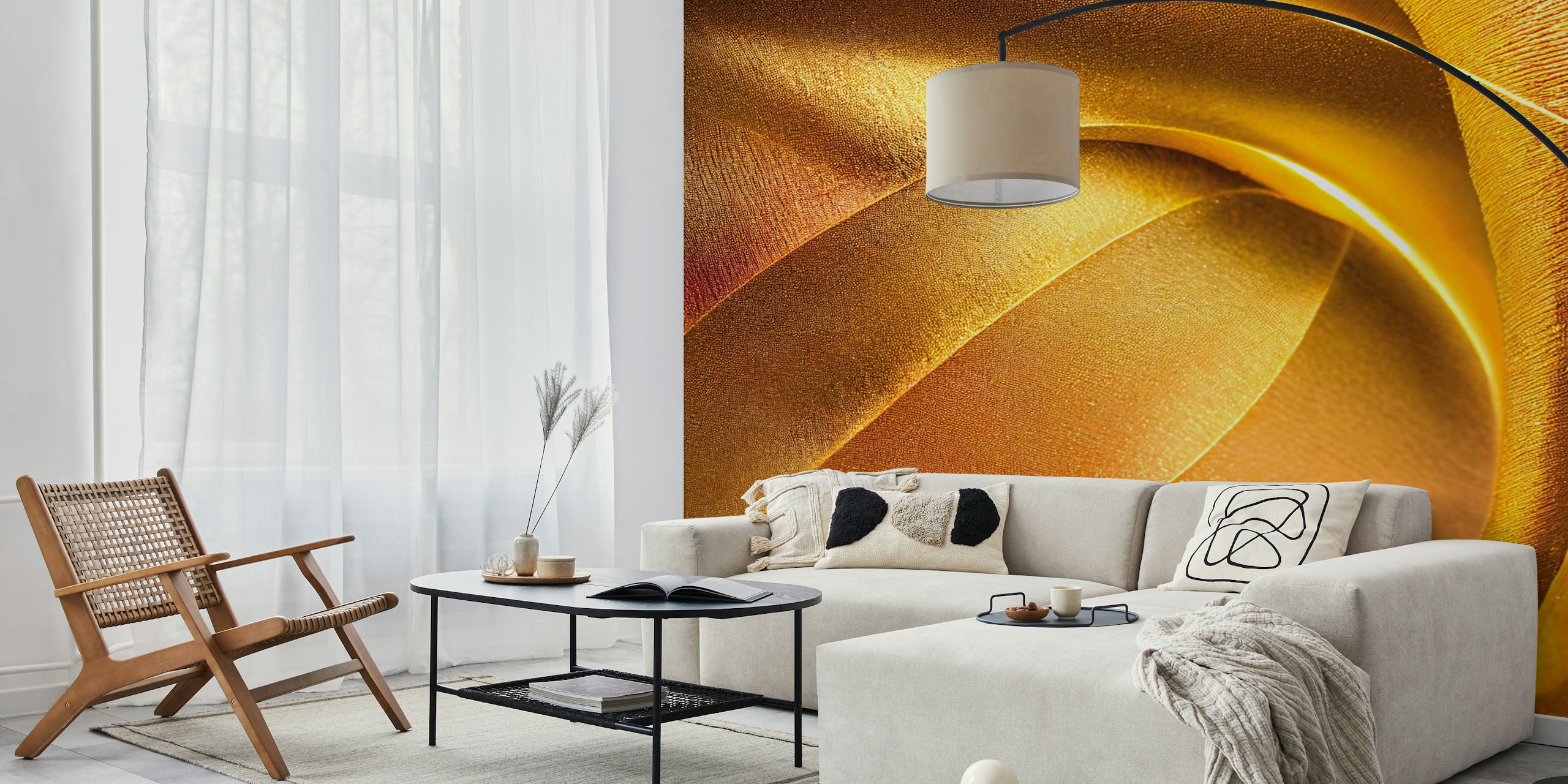 Curved, golden satin texture wallpaper with rich tones