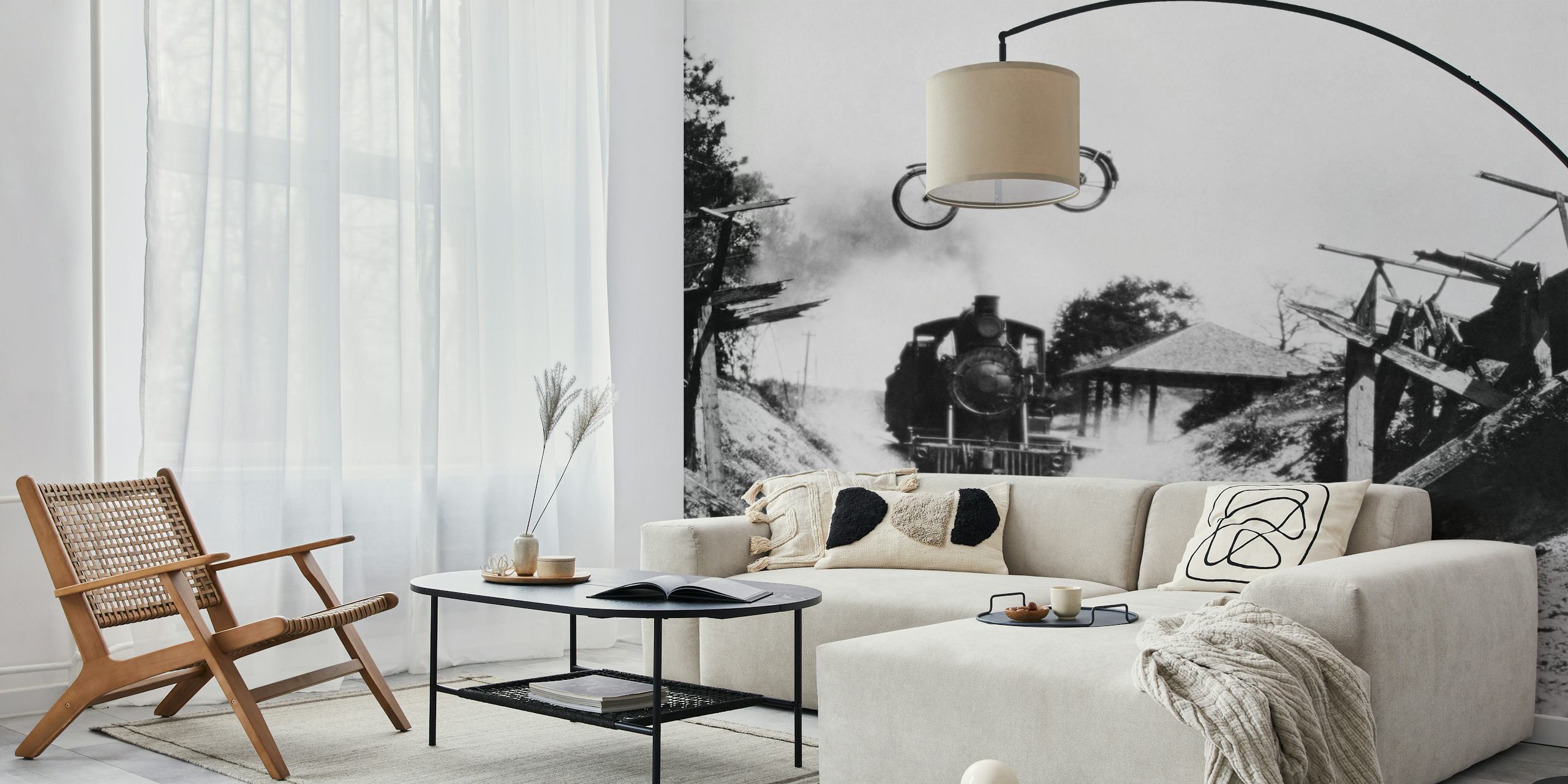 Vintage black and white motorcycle jump above a train wallpaper