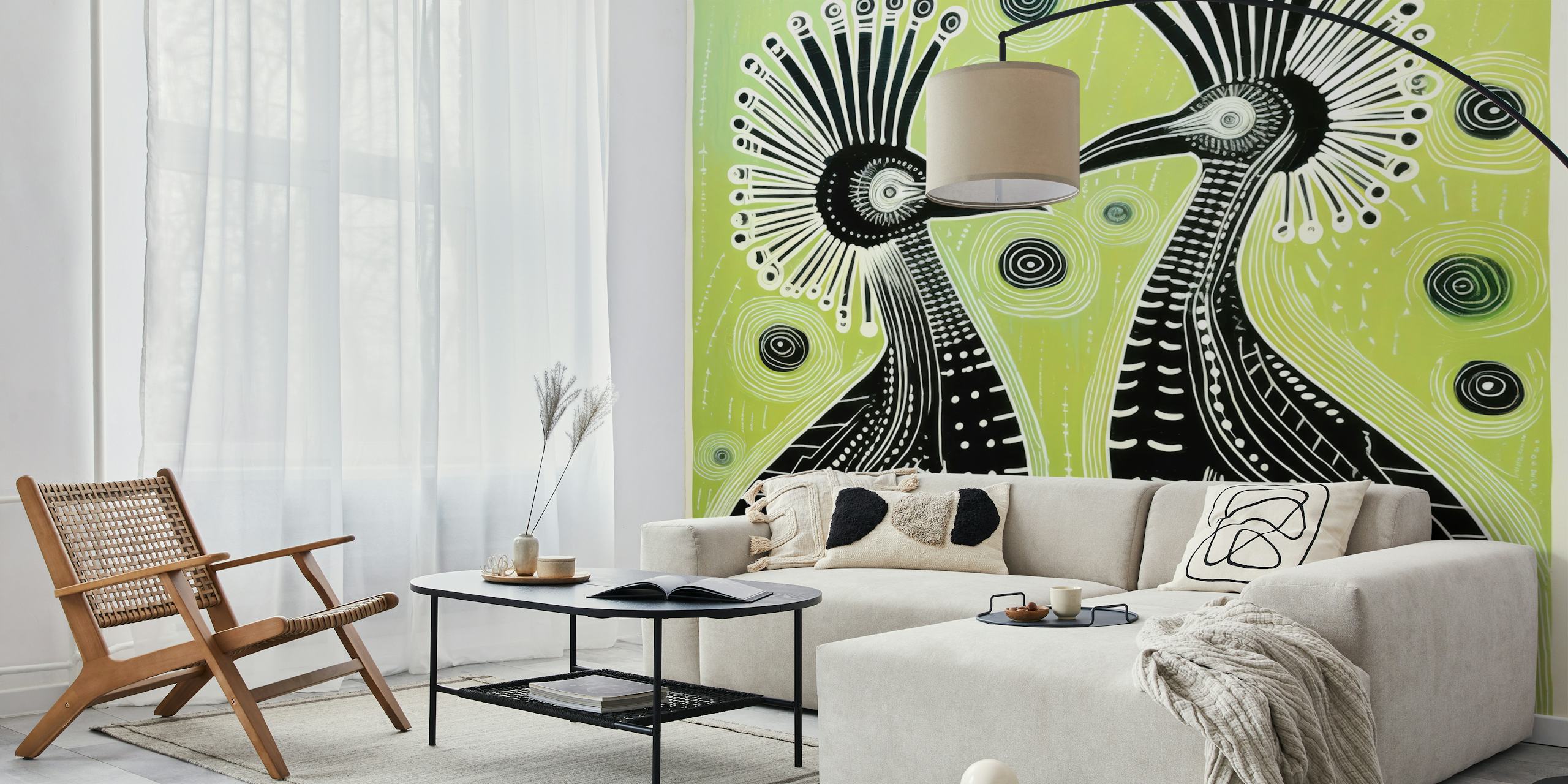 Green folk art wallpaper featuring black cassowaries with radiant crests