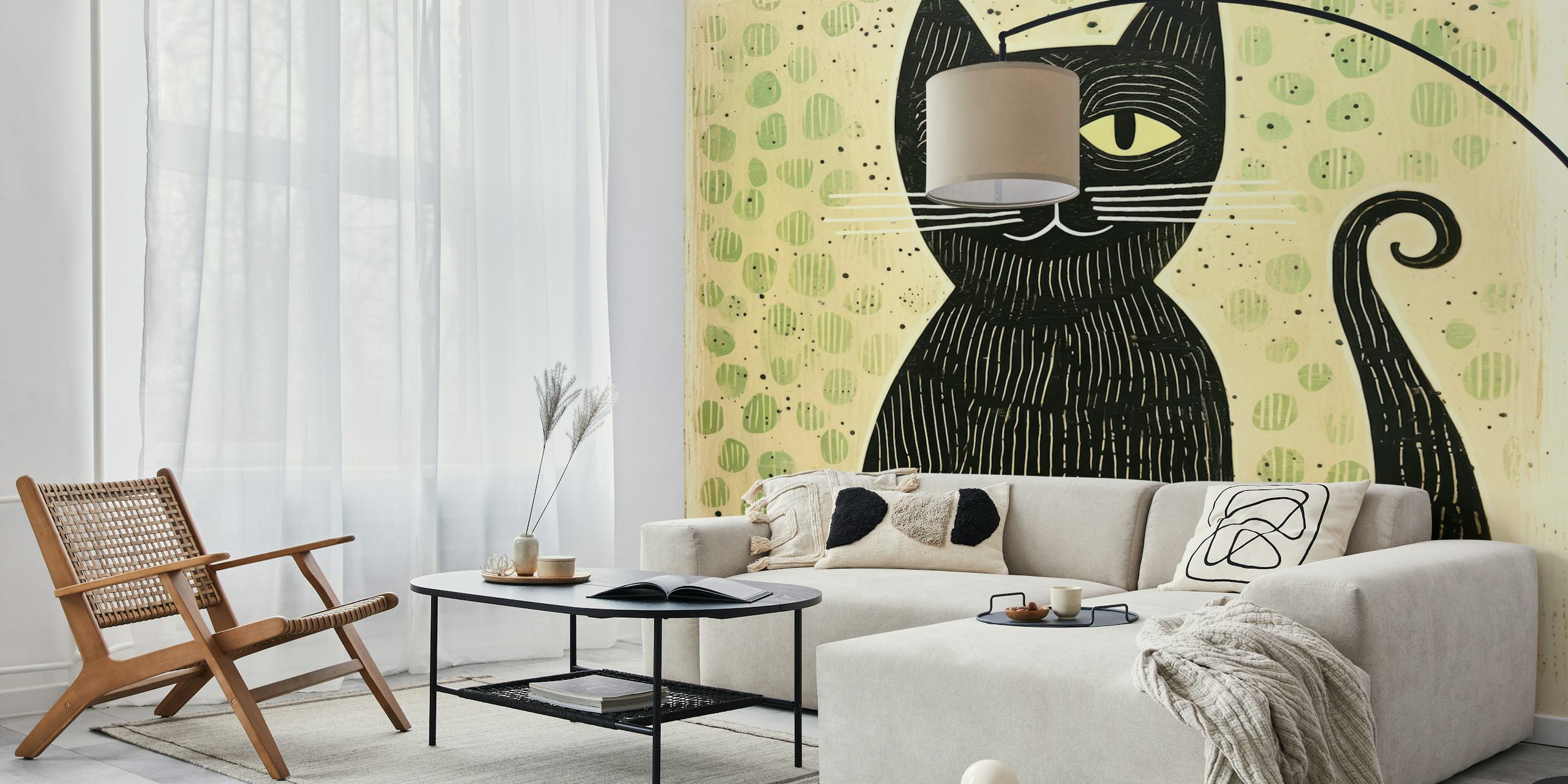 Zelená Green Cat in Folk Art tapeta v pokoji