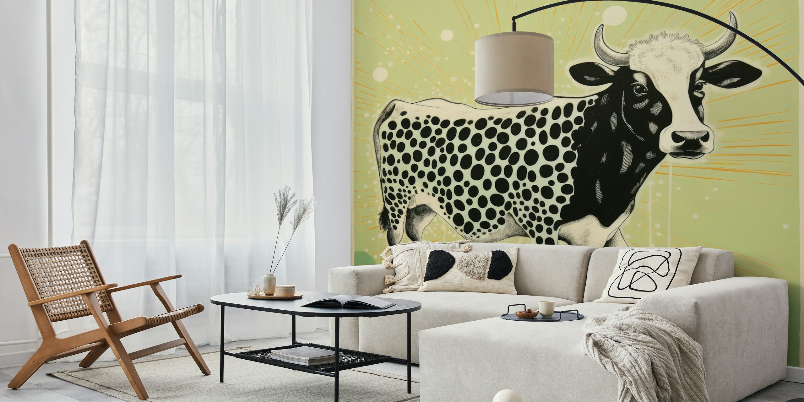 Green cow wallpaper in a styled room