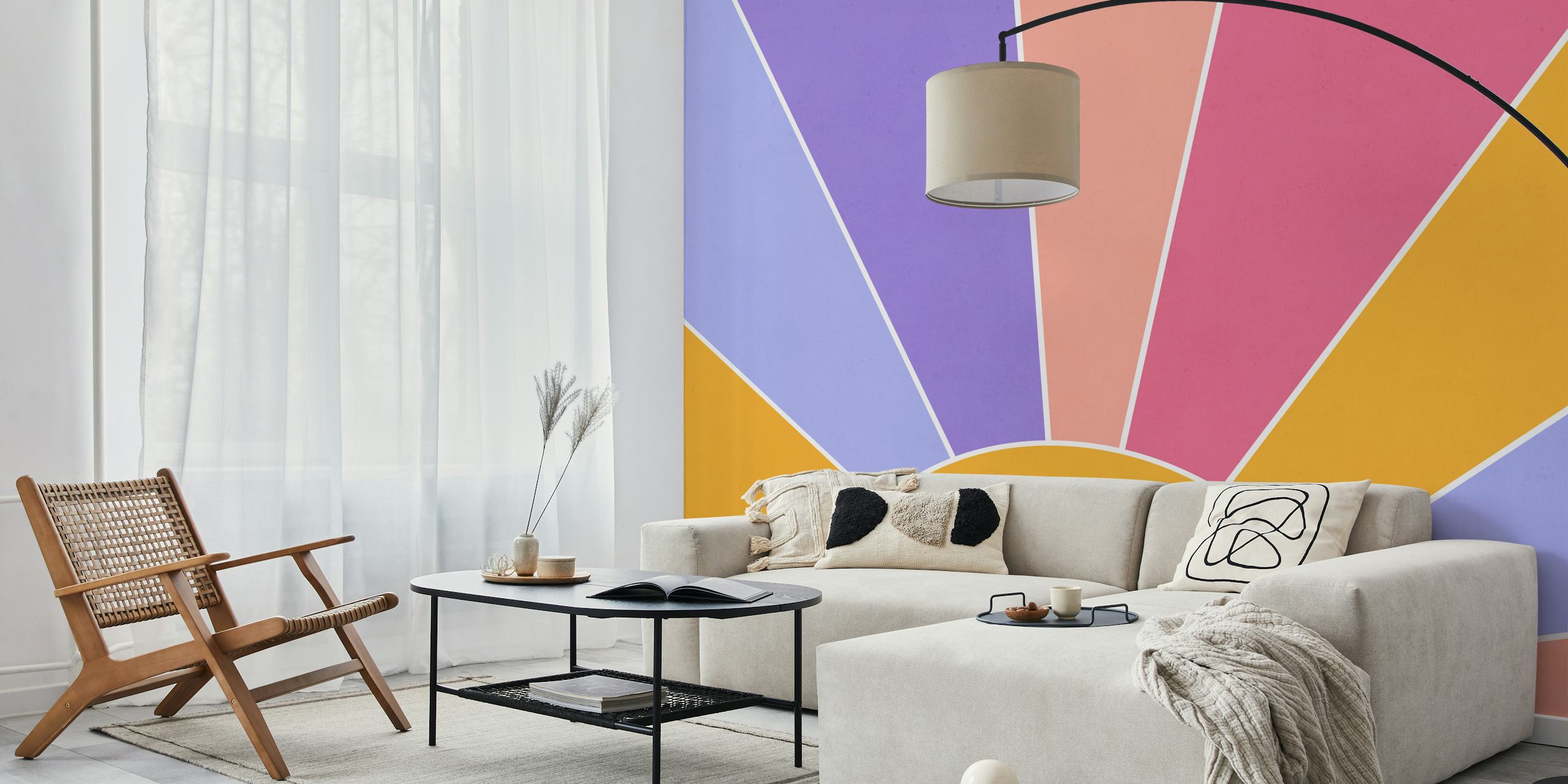 Pastel sunburst design with pink, yellow, and purple colors wallpaper