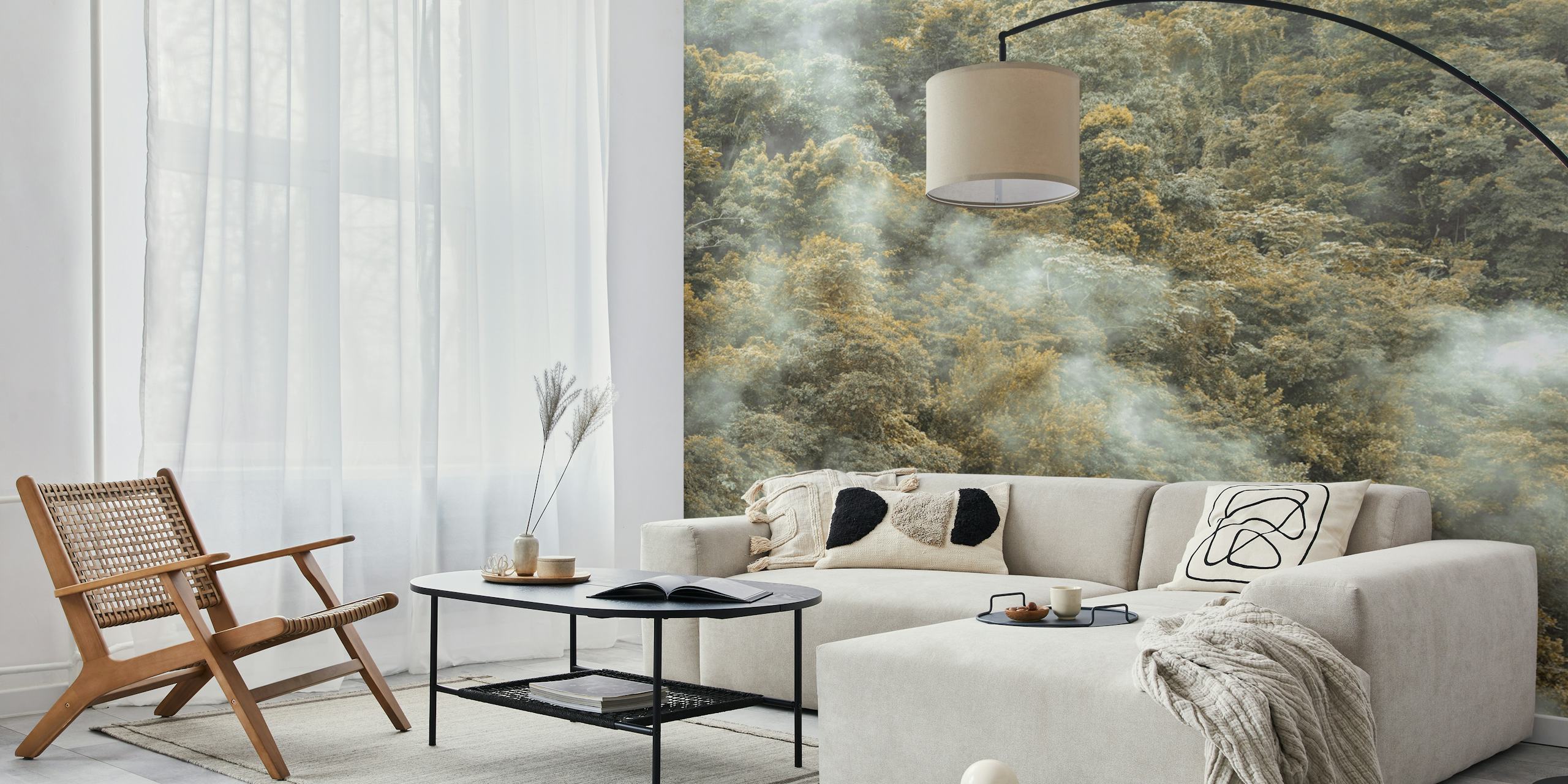 Misty forest canopy wallpaper in a room