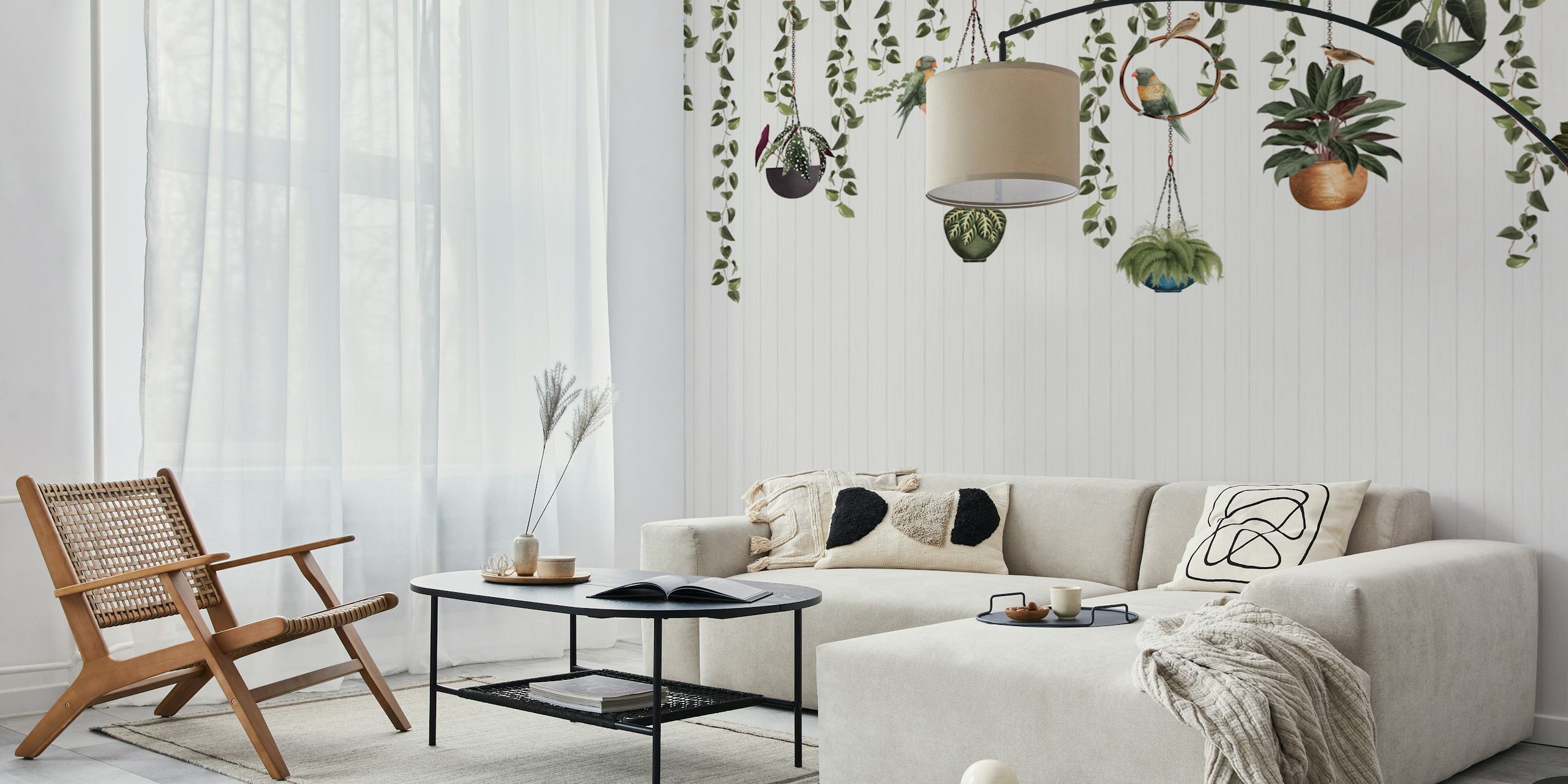 Wallpaper featuring lorikeets and hanging plants
