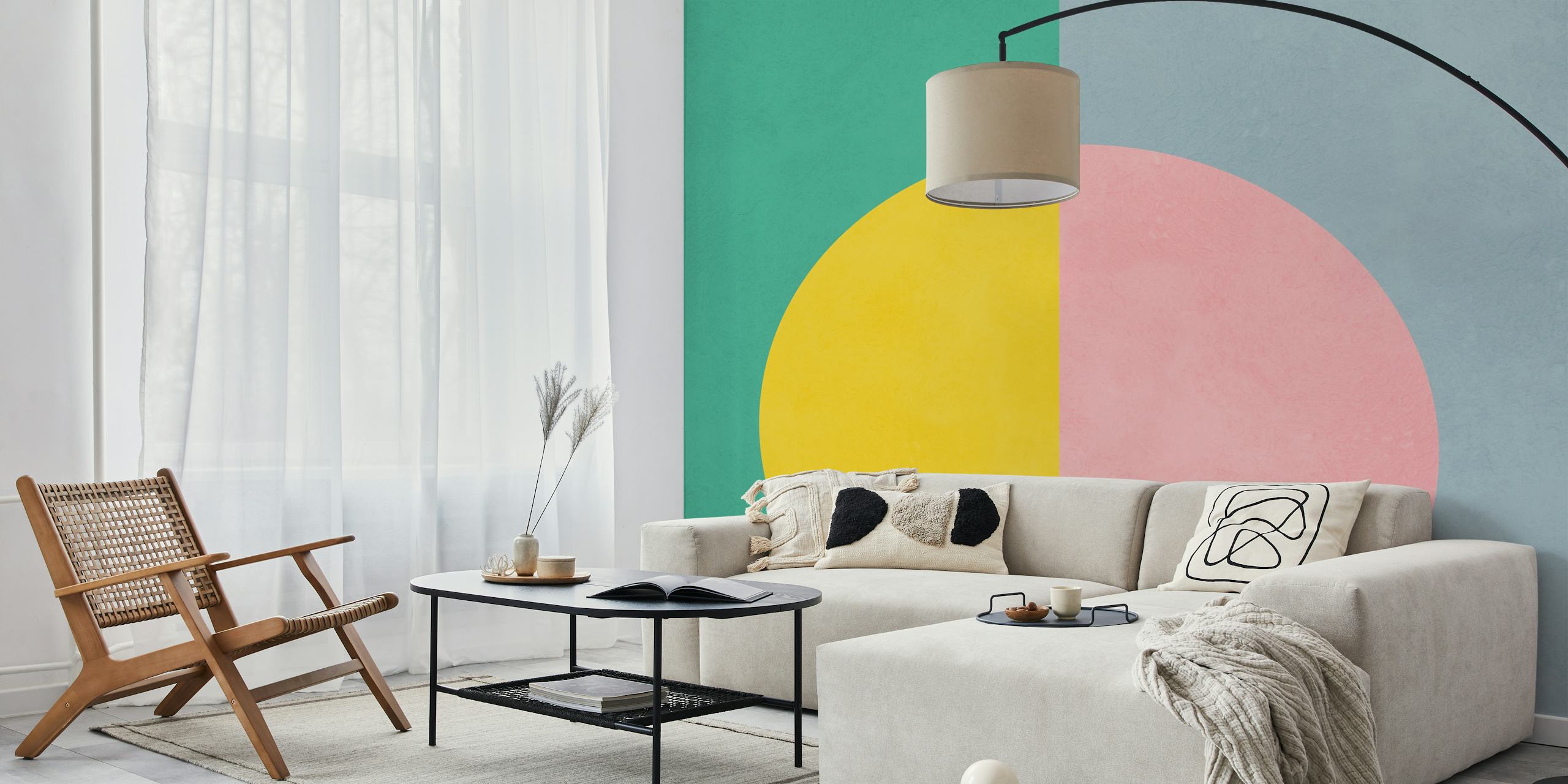 Colorful geometric shapes with green, yellow, and pink wallpaper