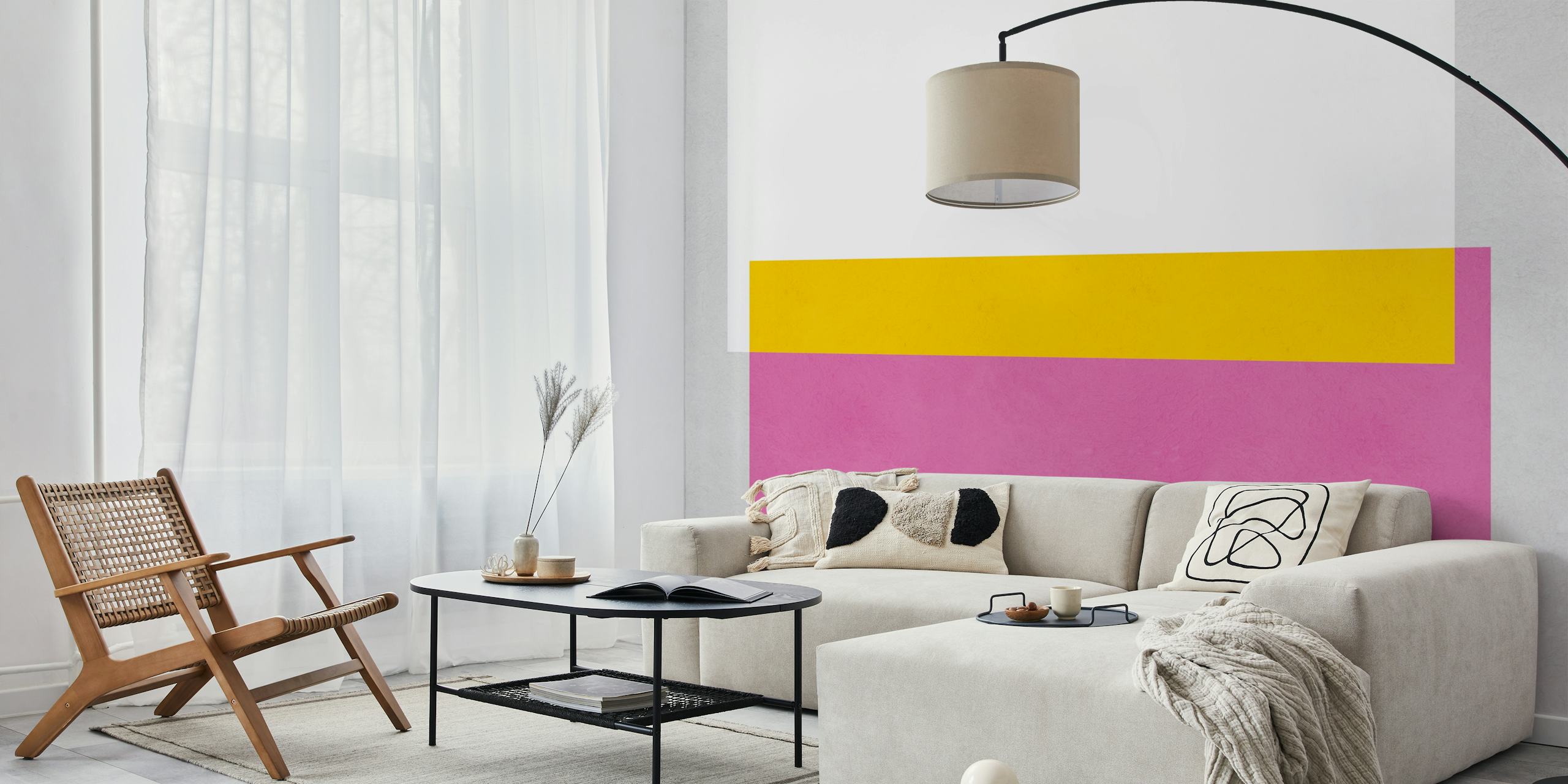 Geometric shapes in pink, yellow, and white on a textured wallpaper