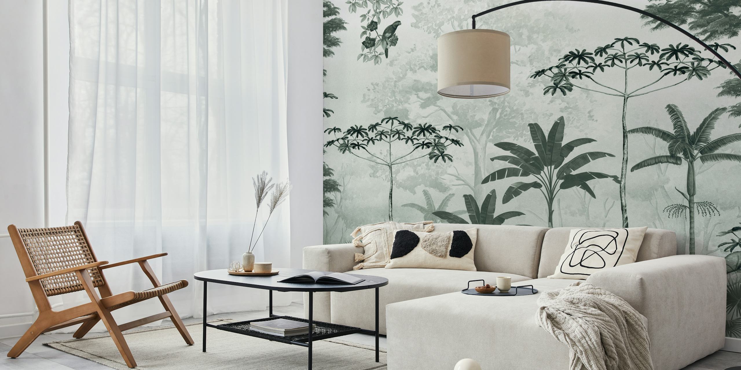 Lush rainforest foliage in shades of green and gray wallpaper