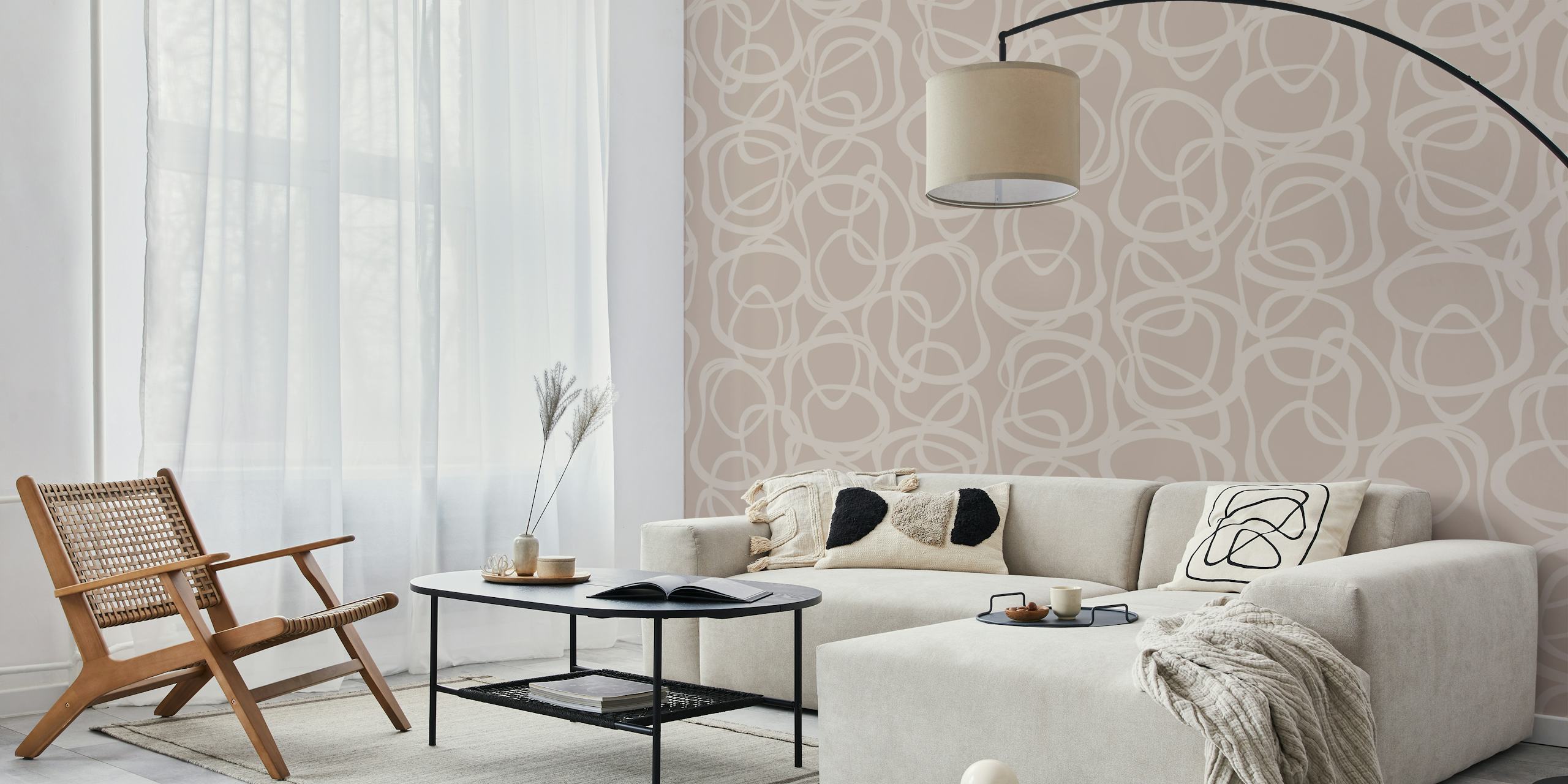 Abstract interlocking tan line shapes on beige wallpaper