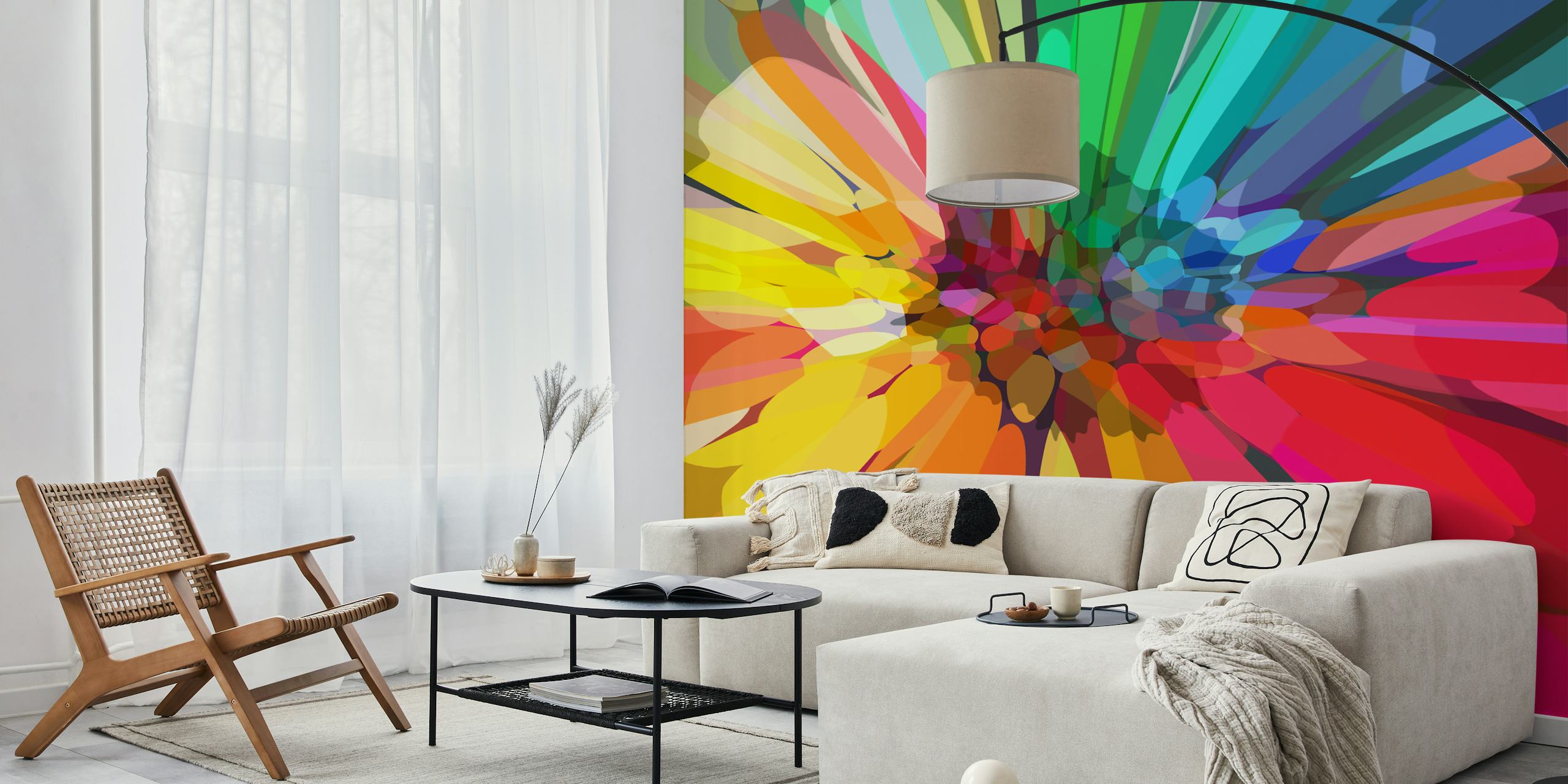 Colorful flower pattern in vibrant hues of yellow, pink, green, and blue wallpaper