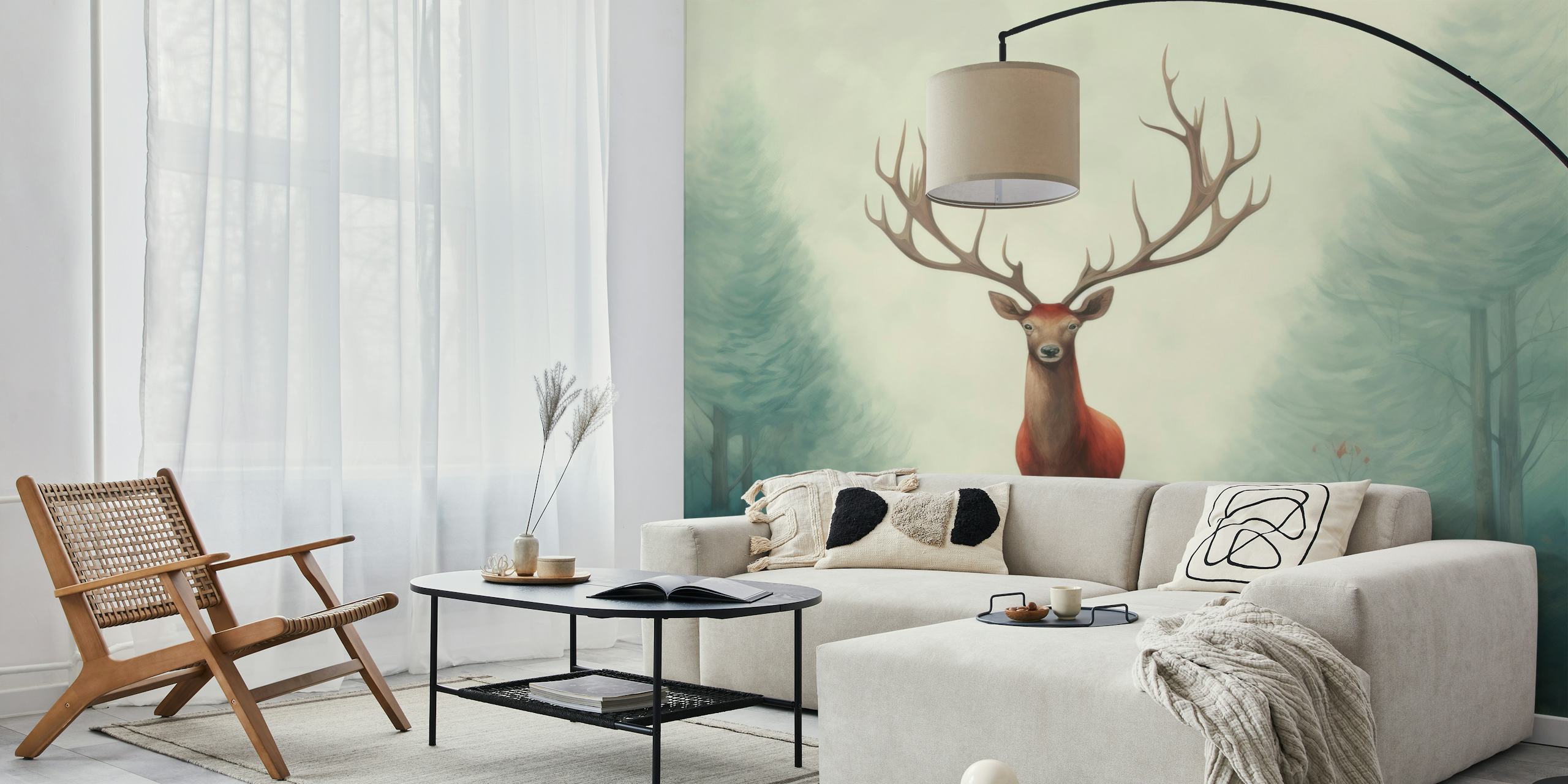 Large deer with antlers and a child in a foggy forest wallpaper