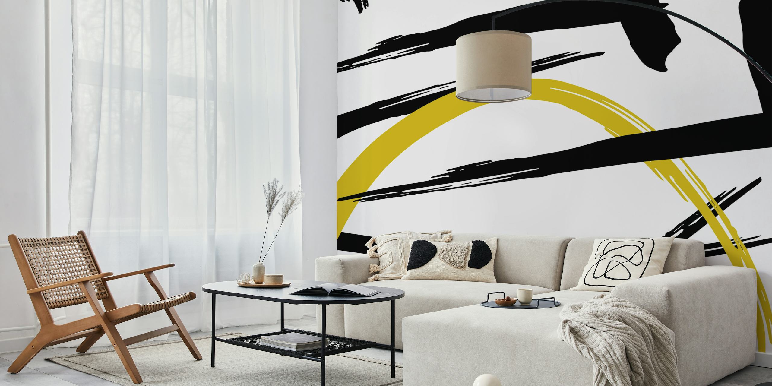 Abstract black and yellow strokes tapet i et rom