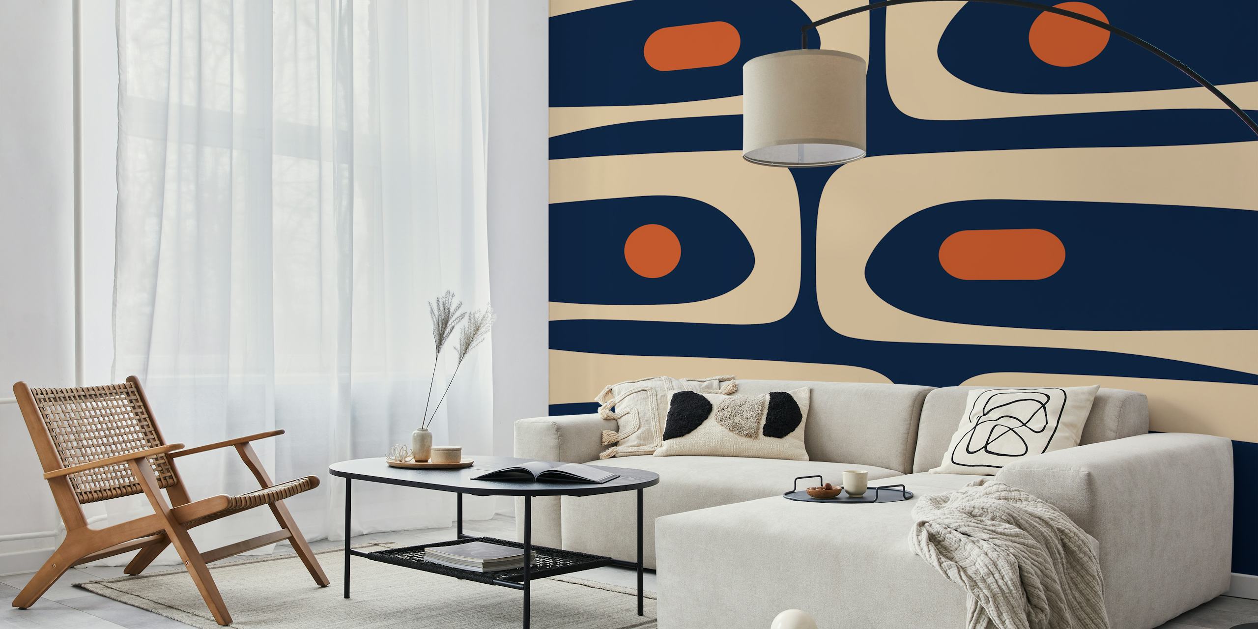 Geometric shapes with navy blue and beige colors in a modern abstract wallpaper