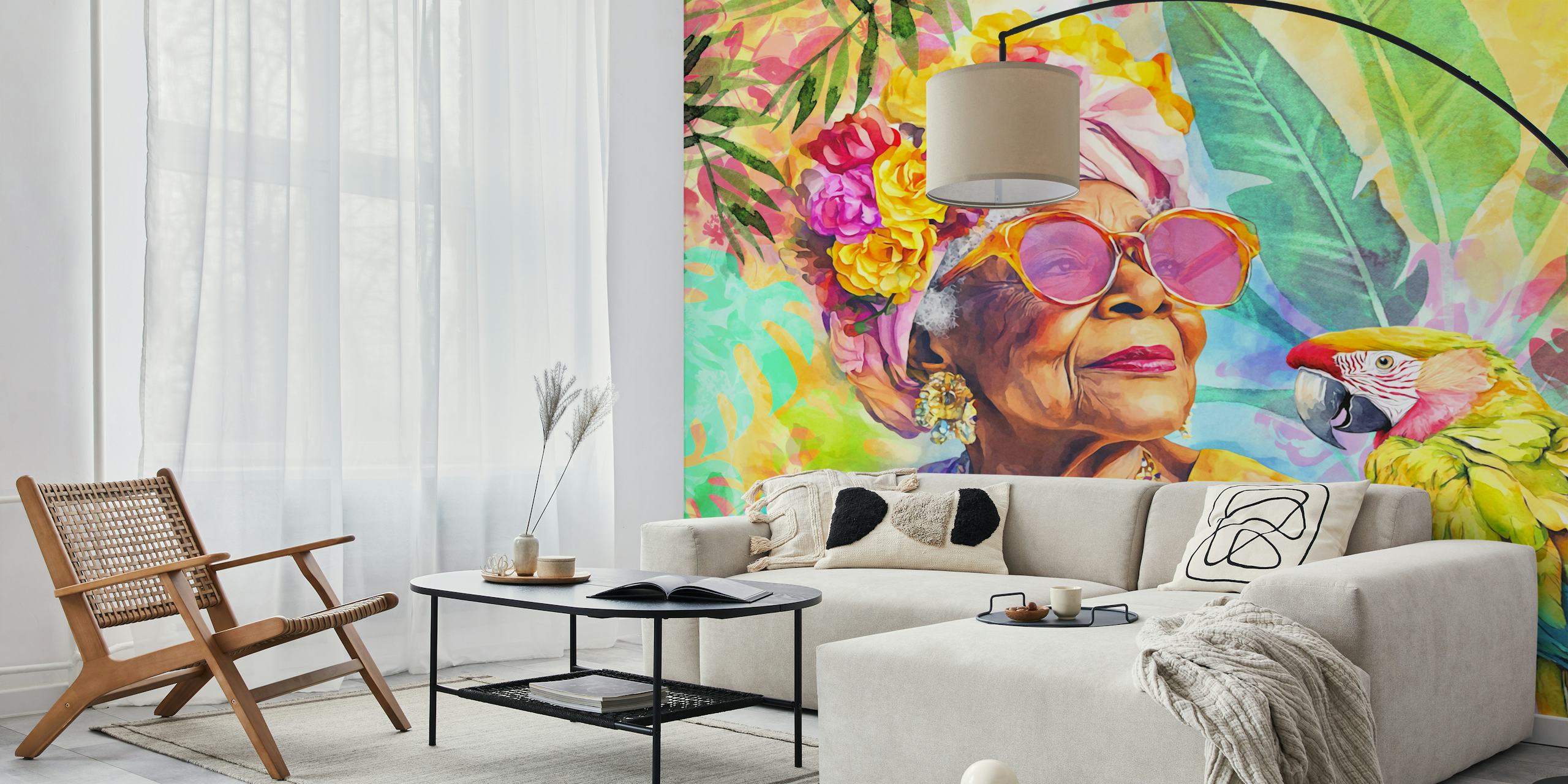 Tropical floral wallpaper featuring a woman with flowers and a parrot