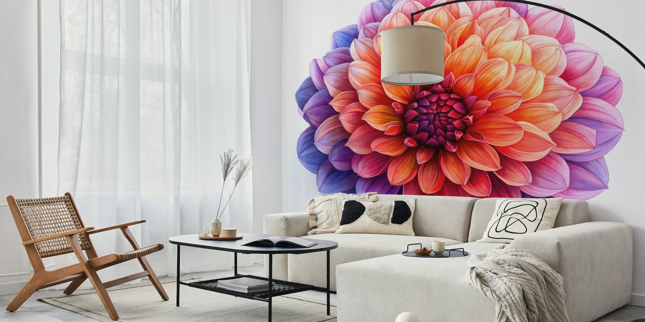 Colorful dahlia flower design in orange and purple tones wallpaper