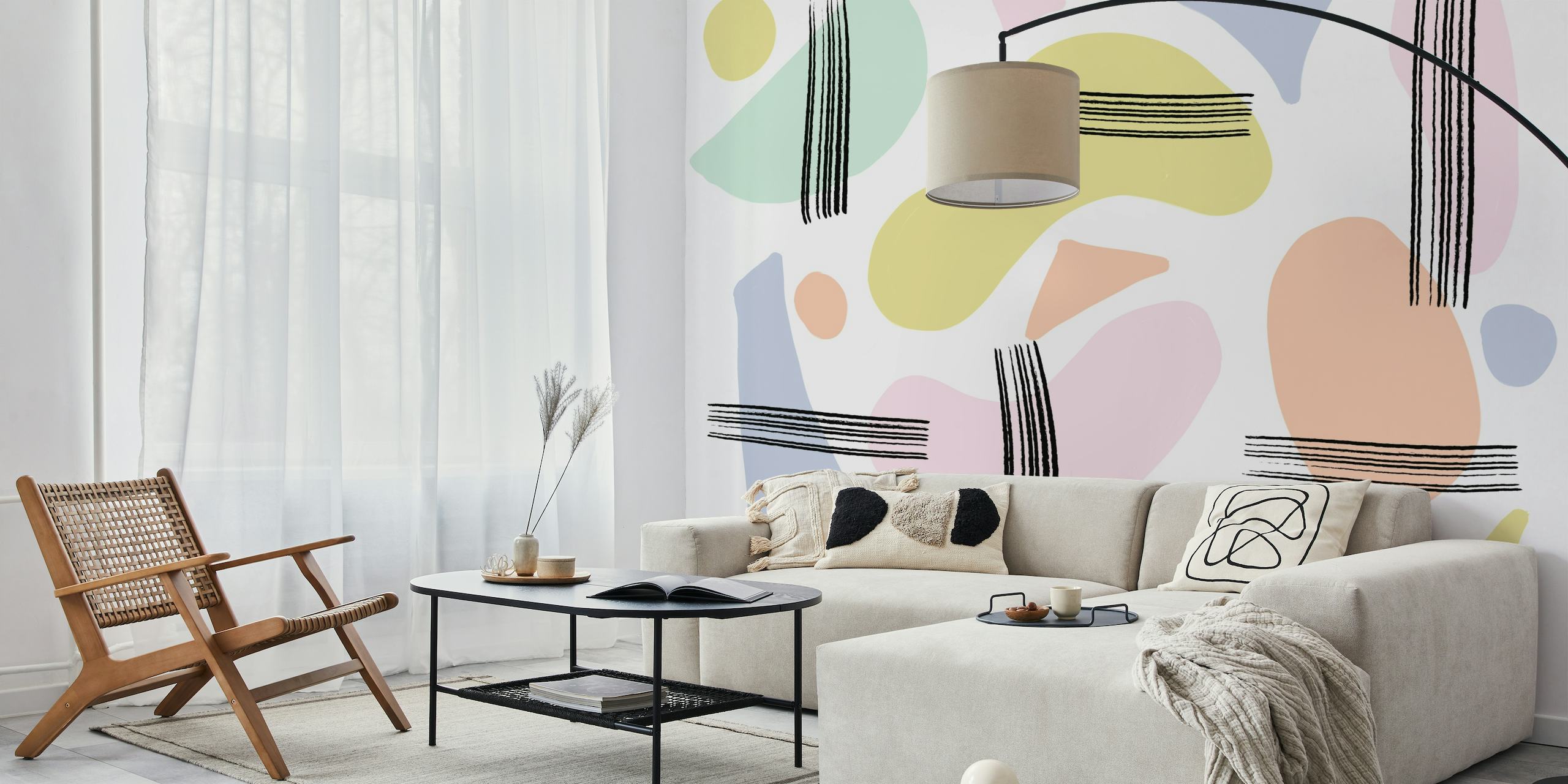 Illustrative pastel-colored abstract shapes and lines on wall mural