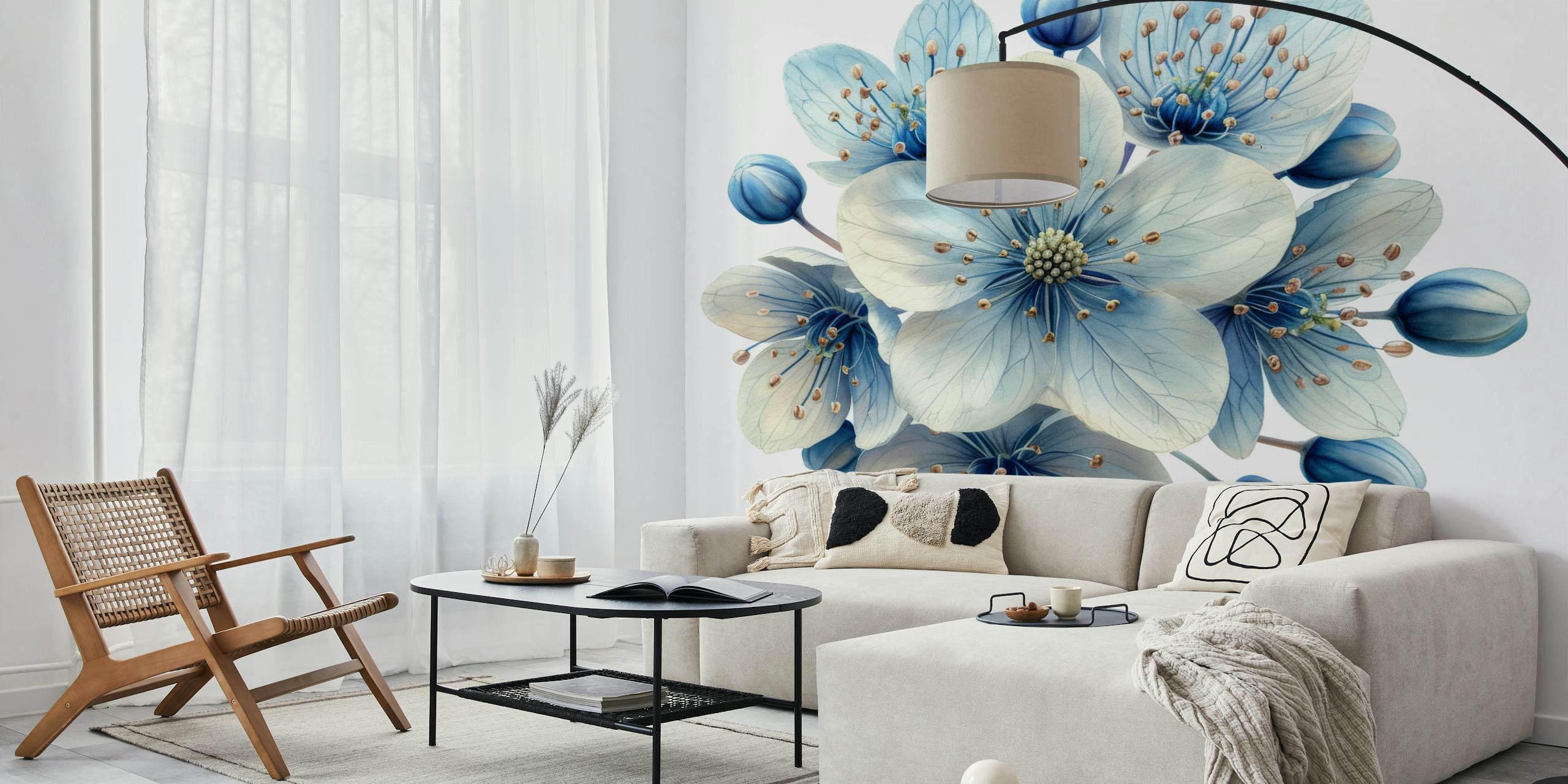 Blue floral pattern with delicate flowers and buds wallpaper