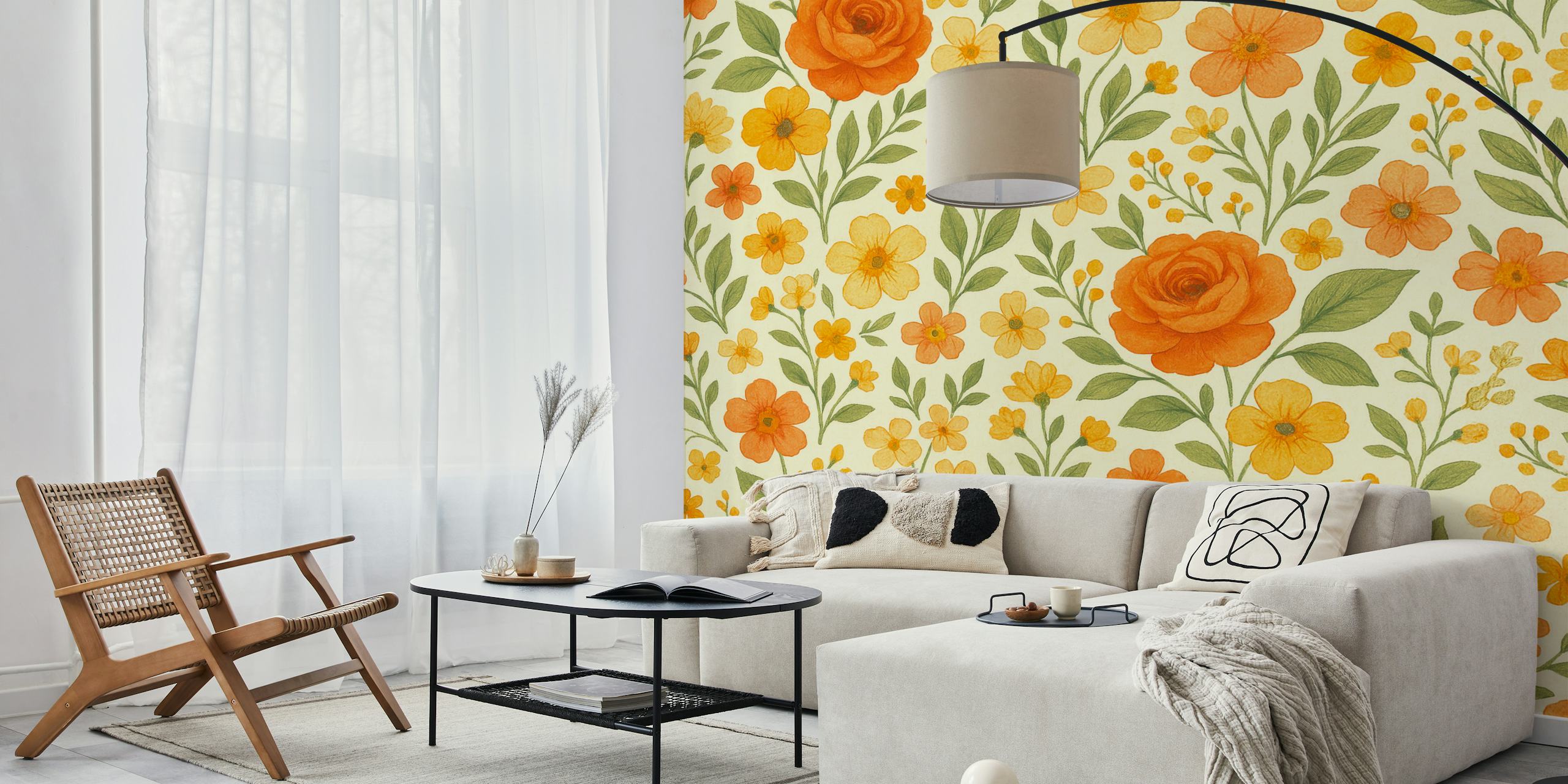Orange rose and flower patterns on a light beige background wallpaper