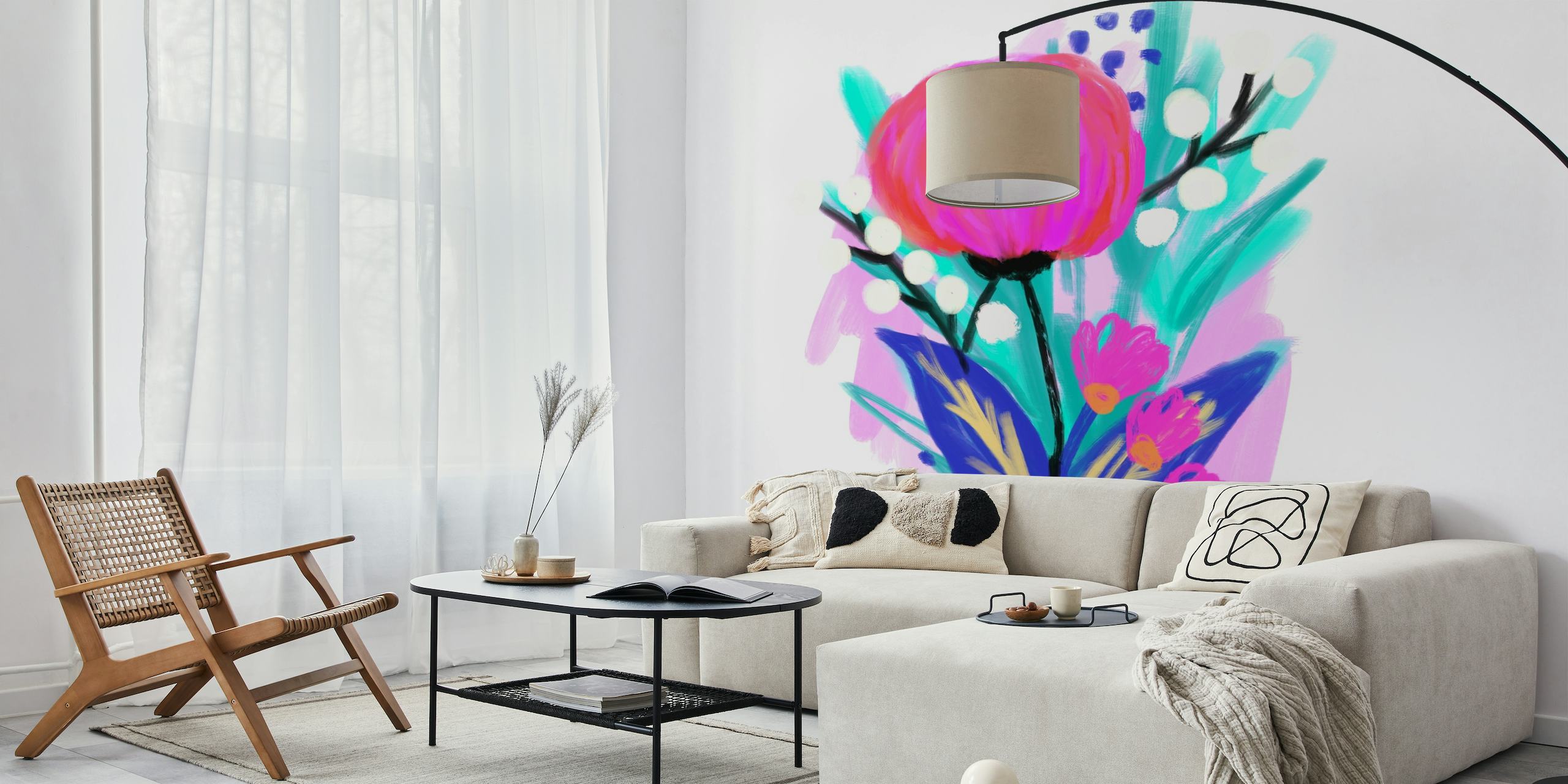 Akvarellityylinen pinkki ja sininen kukkainen seinämaalaus sisustukseen