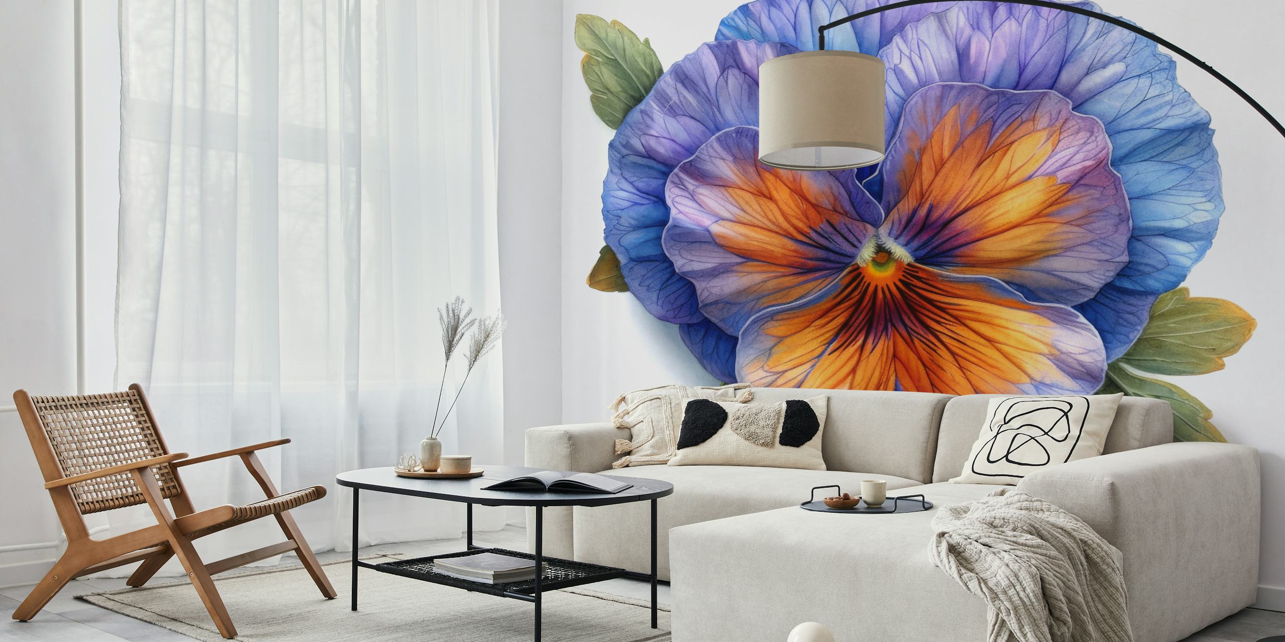 Blue floral pansy wall mural featuring vibrant blue and orange hues, botanical design wallpaper