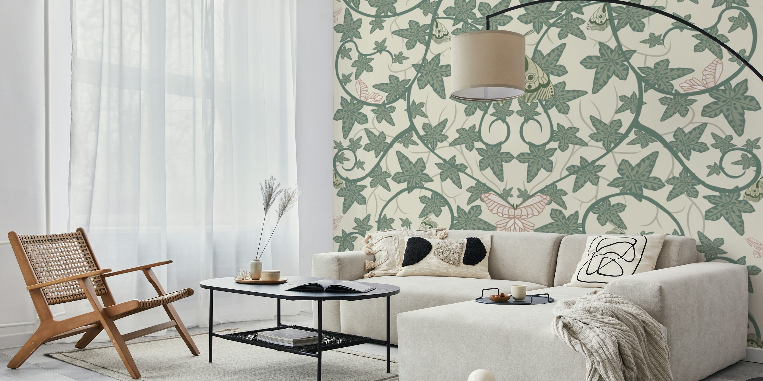 Botanical wallpaper with butterflies and leaves in green and soft pink