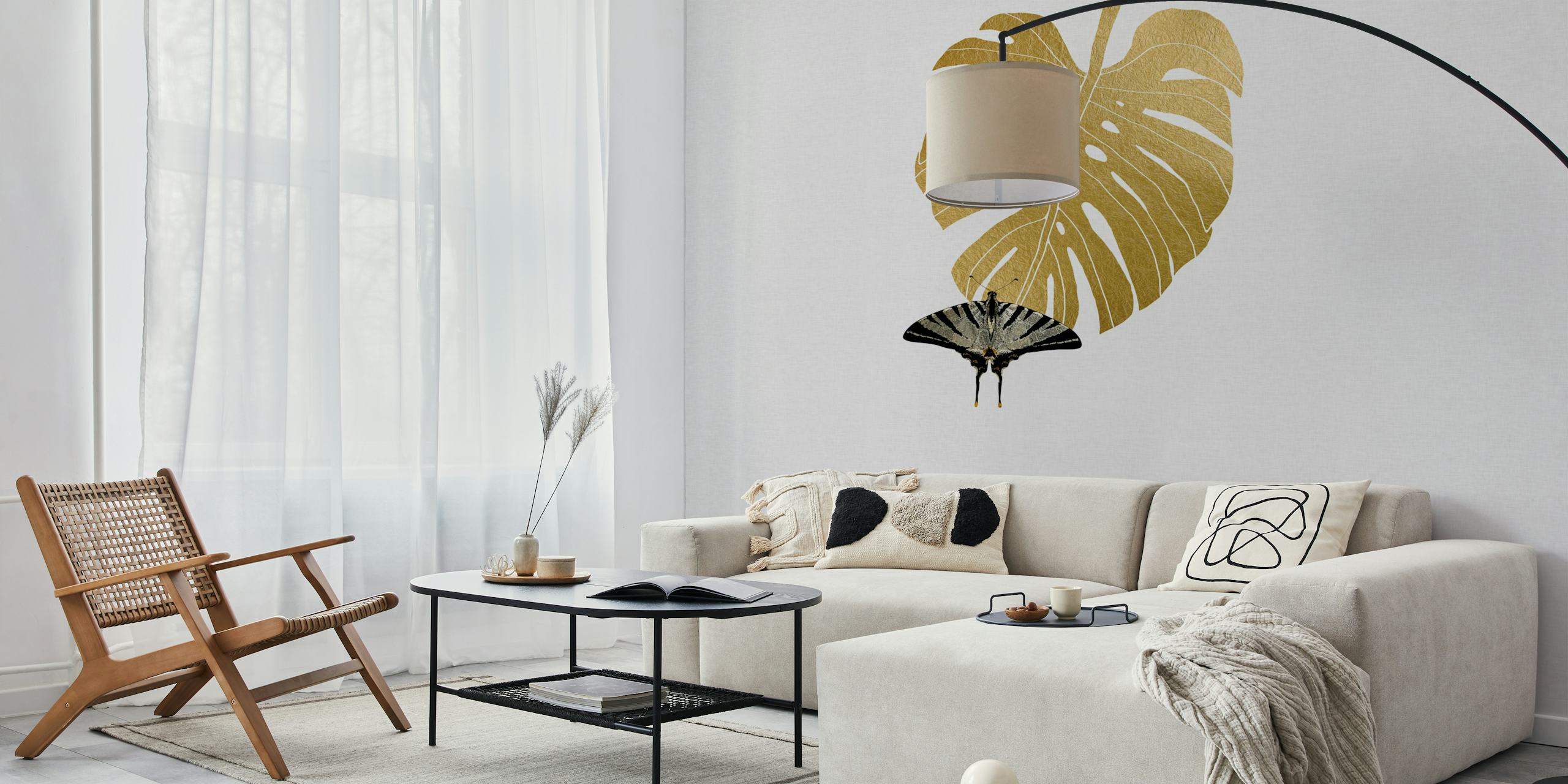 Butterfly and Monstera leaf mural in a room