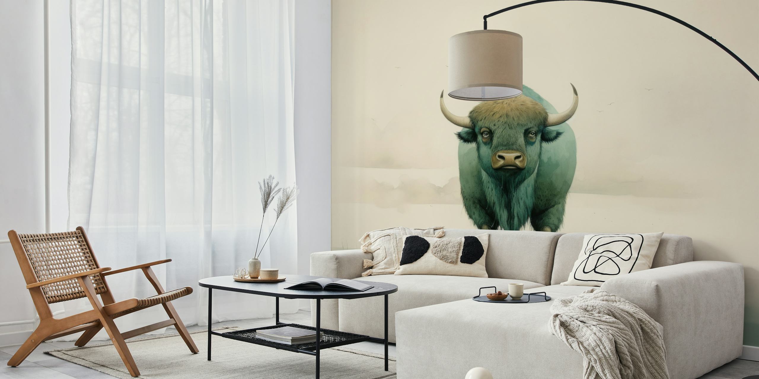 Buffalo standing in calm blue tones and soft background watercolor style wallpaper