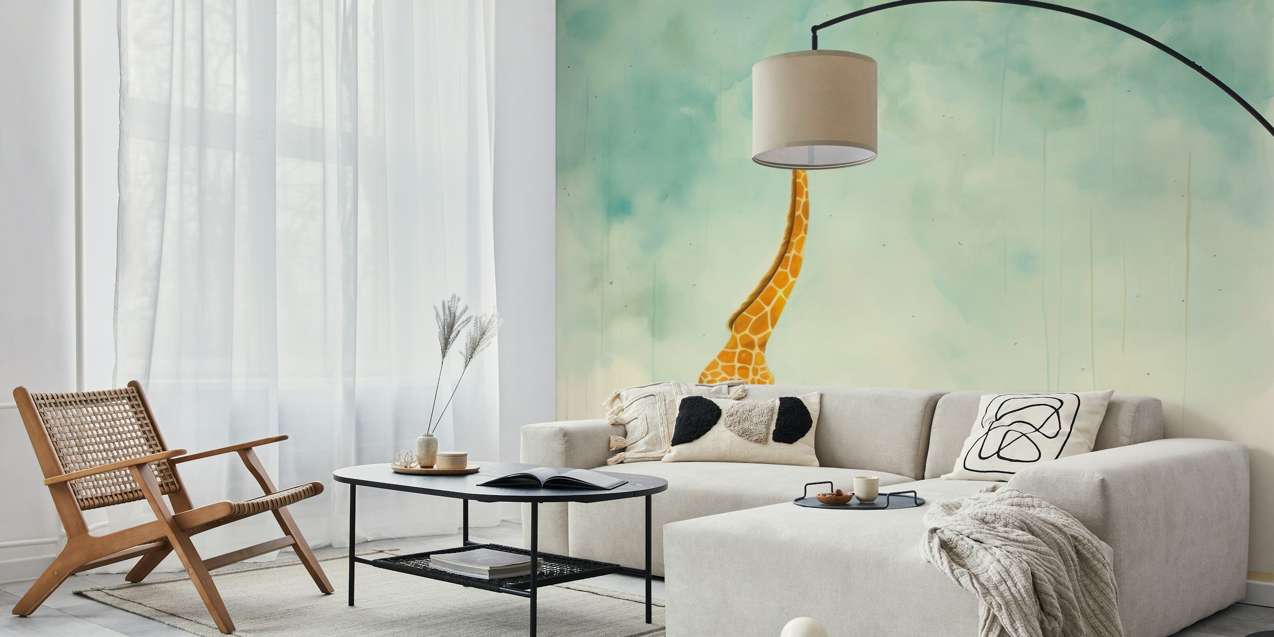 Whimsical giraffe and person illustration on soft blue background wallpaper