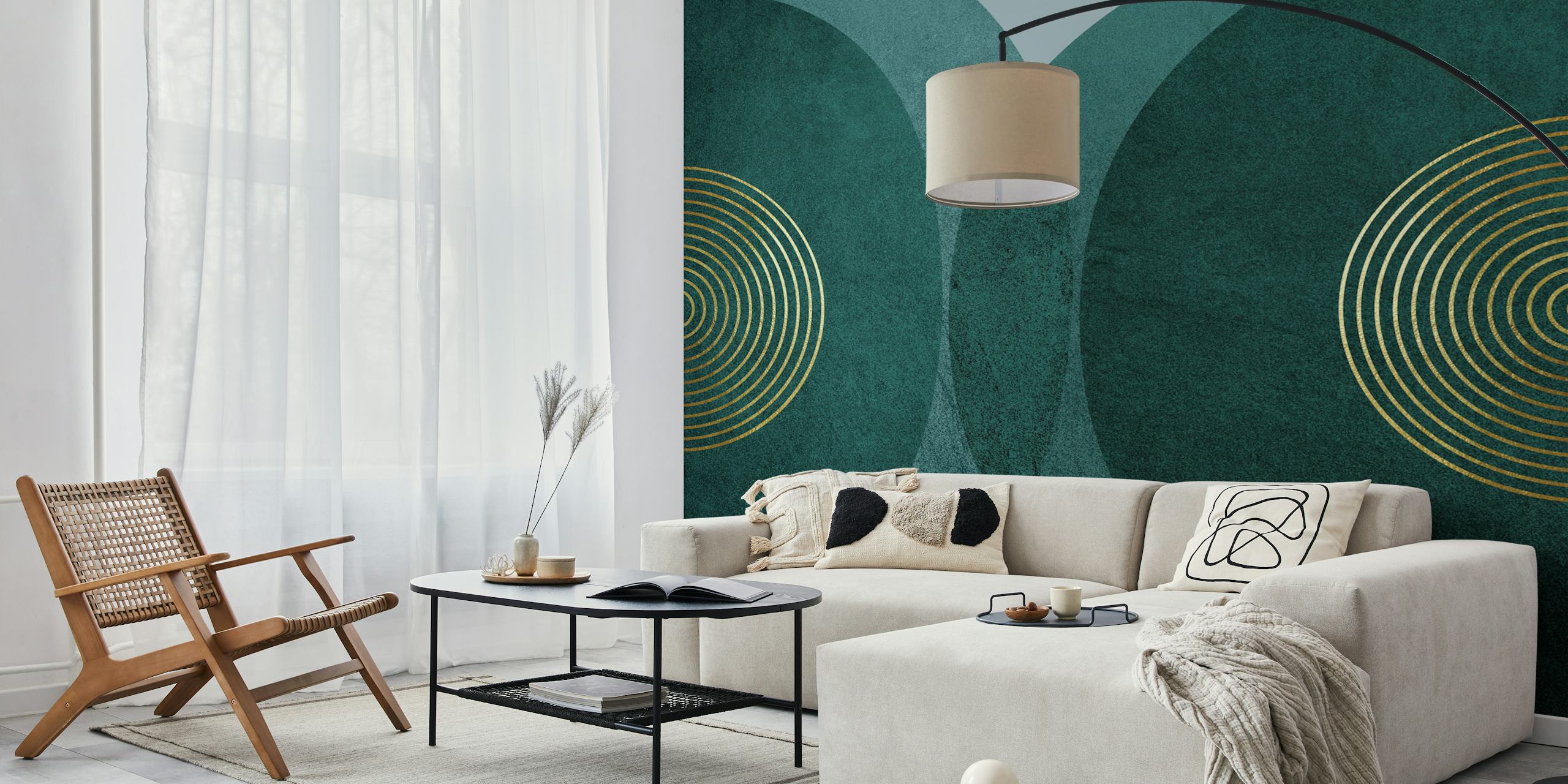 Teal geometric pattern with golden lines wallpaper