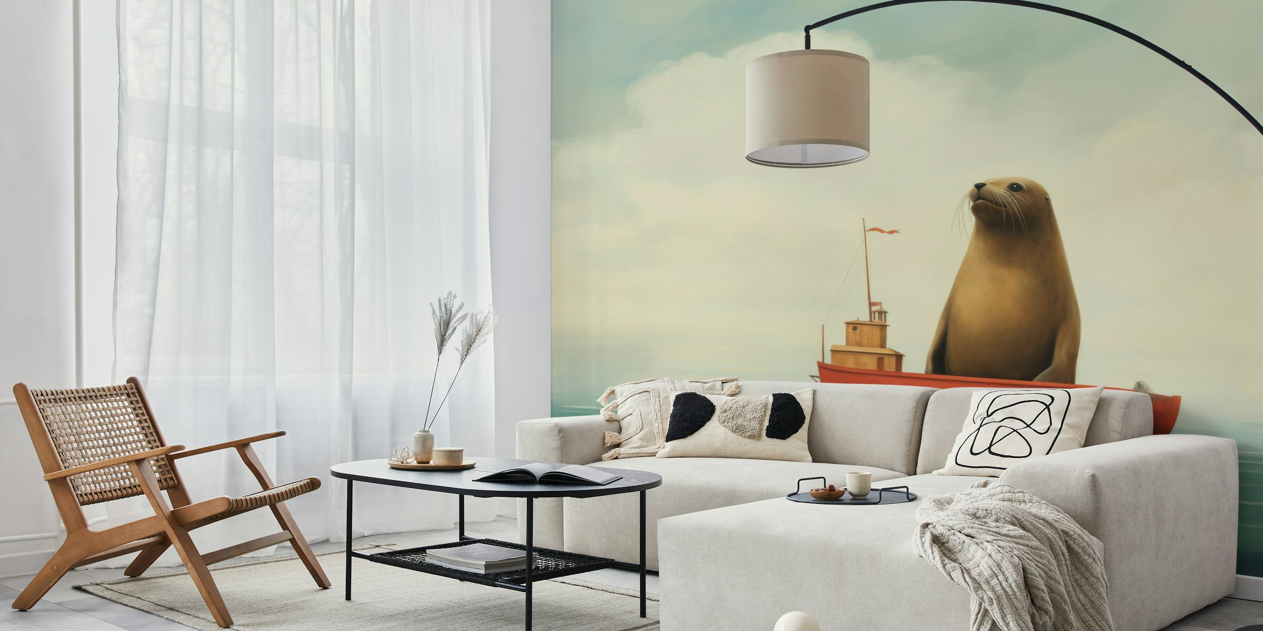 Minimal Sea Lion Voyage wallpaper in a room