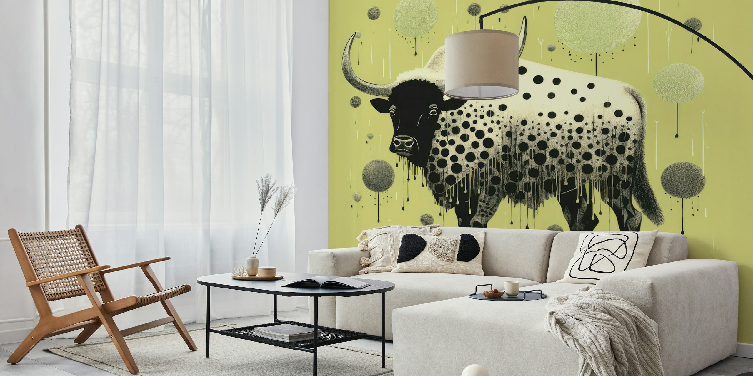 Green bison folk art wallpaper in a room